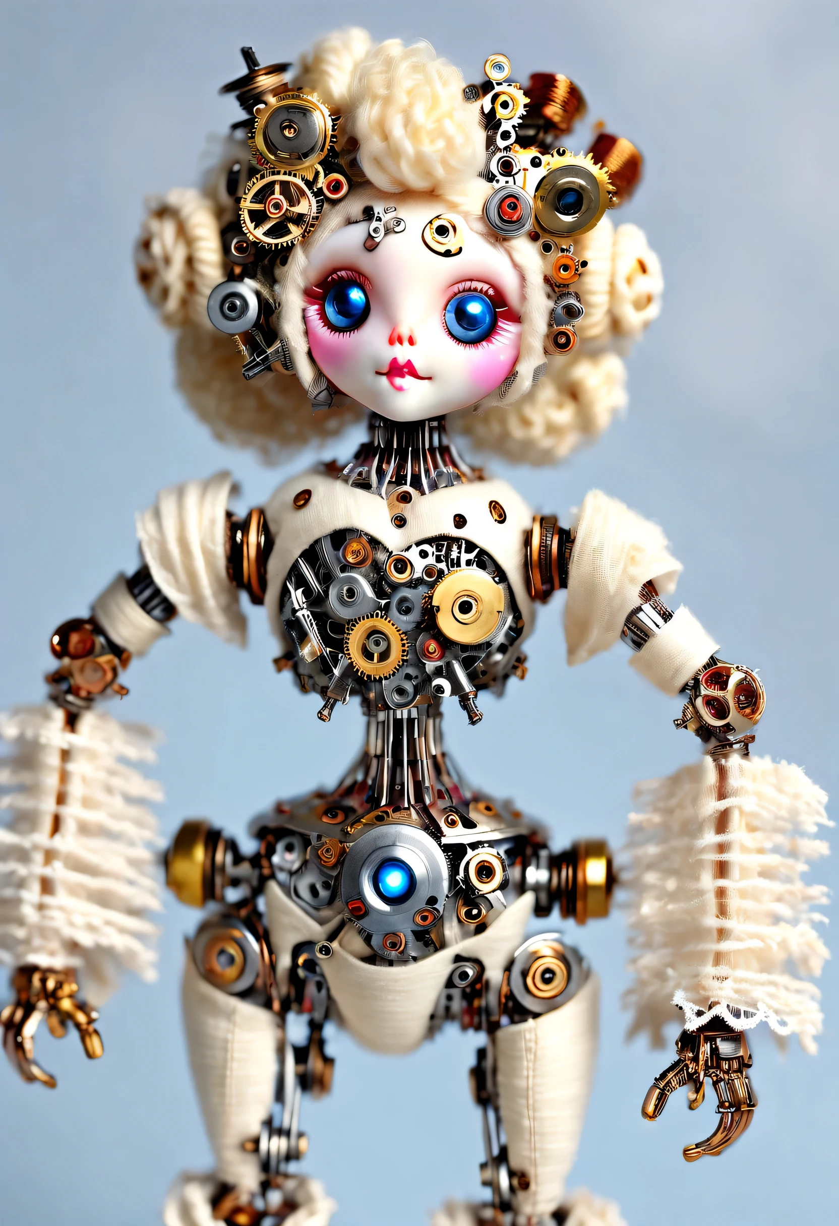 micro mechanical doll，puppet，（whole body），super high quality，8k，beautiful details，gear，Mechanically sophisticated electrical parts body，yarn art，Muppets，Rococo costumes，lace，cartoon，