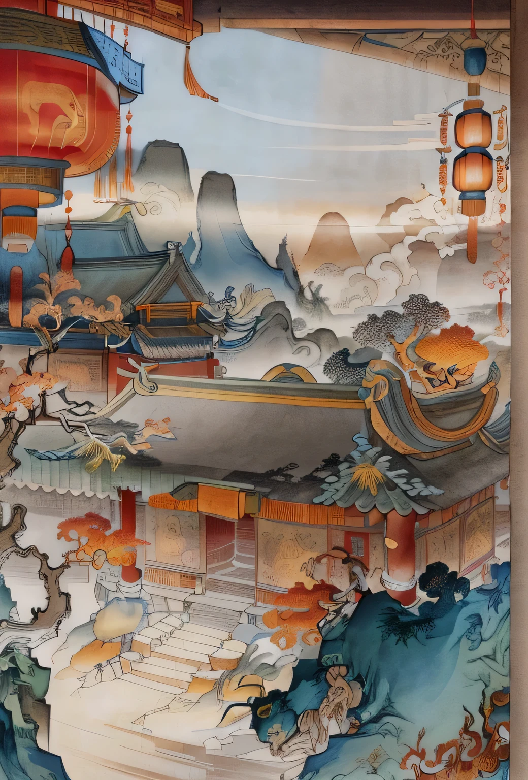 Ancient Chinese landscape painting, A monkey king, ancient building, exhibition hall, Carved beams and painted buildings, Beautiful scenery, inspired by martial arts, Sunlight, ink painting style, clean colors, Decisive cutting, Blank, unarmed, masterpiece, super detailed, epic work, high quality, best quality, Pixar style, Supersaturation, surreal, Art Jem--v 6