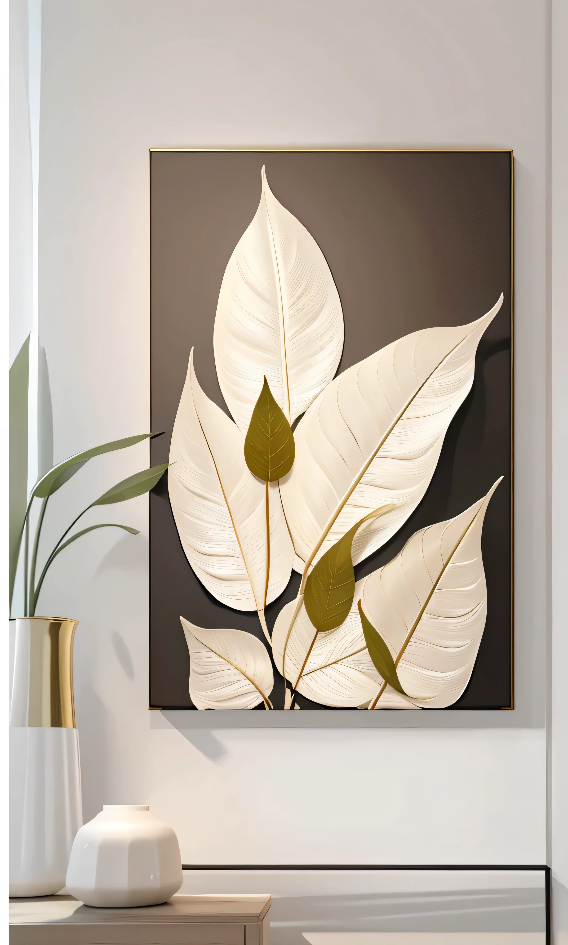 Close-up of leaf painting on wall, canvas art, canvas painting, Meticulous painting, big leaves, canvas的海报颜色, high quality art, 3D oil painting, The paintings are elegant and delicate, gold leaf, canvas art print, Leaves and simple cloth, 极high quality art品, high quality painting, canvas, clean and elegant painting