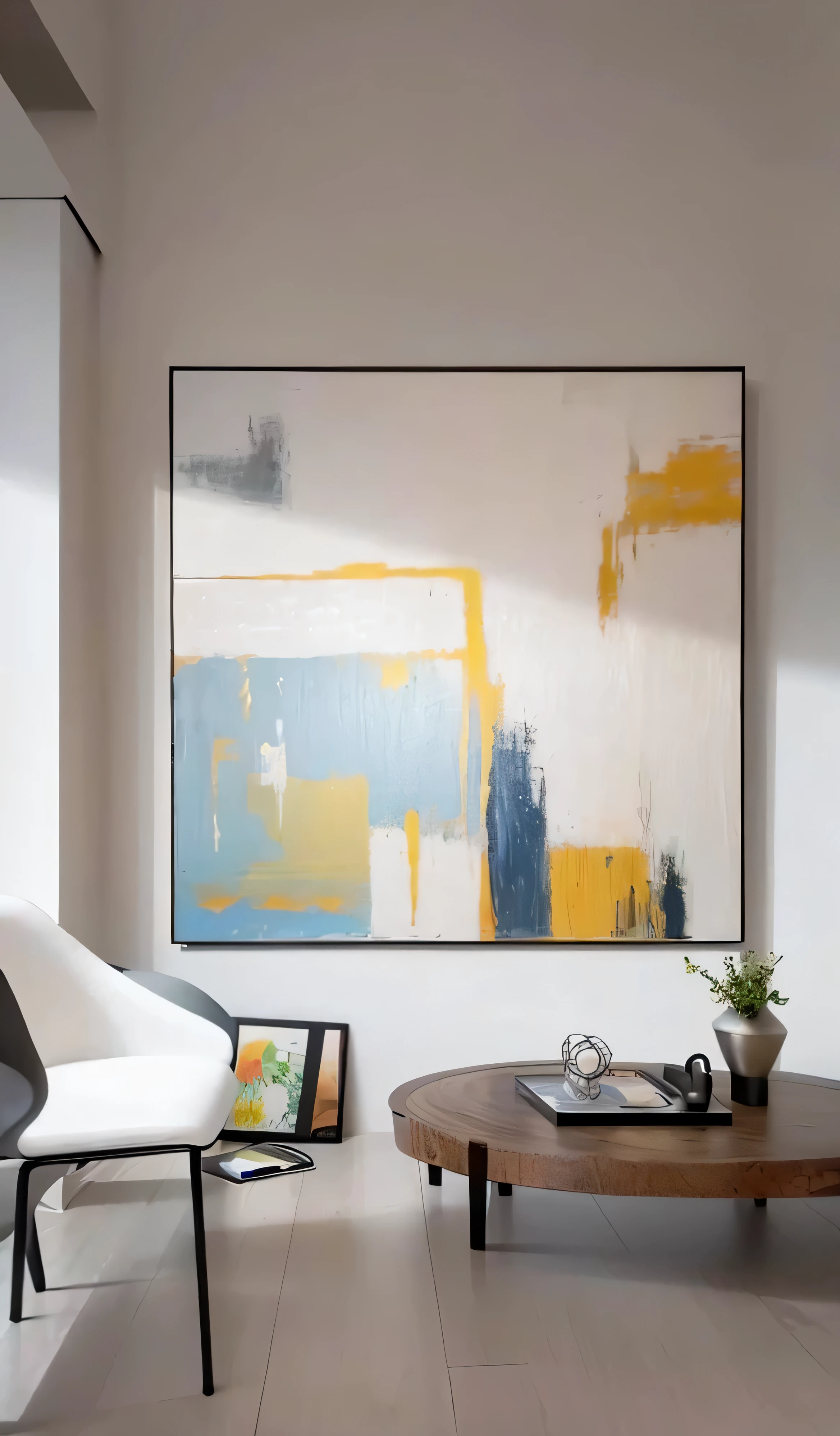 There is a painting on the wall above the chairs and table, Meticulous painting, high quality painting, Abstract简约, modern painting, Abstract oil on canvas, canvas art, Abstract现实主义, gold leaf painting, Contemporary painting, The paintings are elegant and delicate, paint on canvas, Abstract油画, canvas painting, modern art style, style painting, Abstract