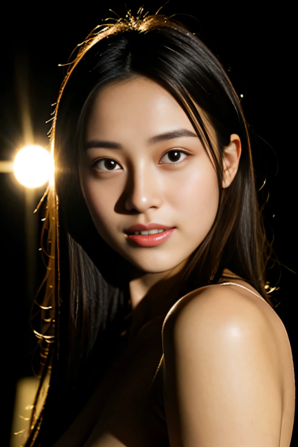 face perfect, beautiful face of a Japanese woman smiling , 15 years old , with black background, with lights on your face
