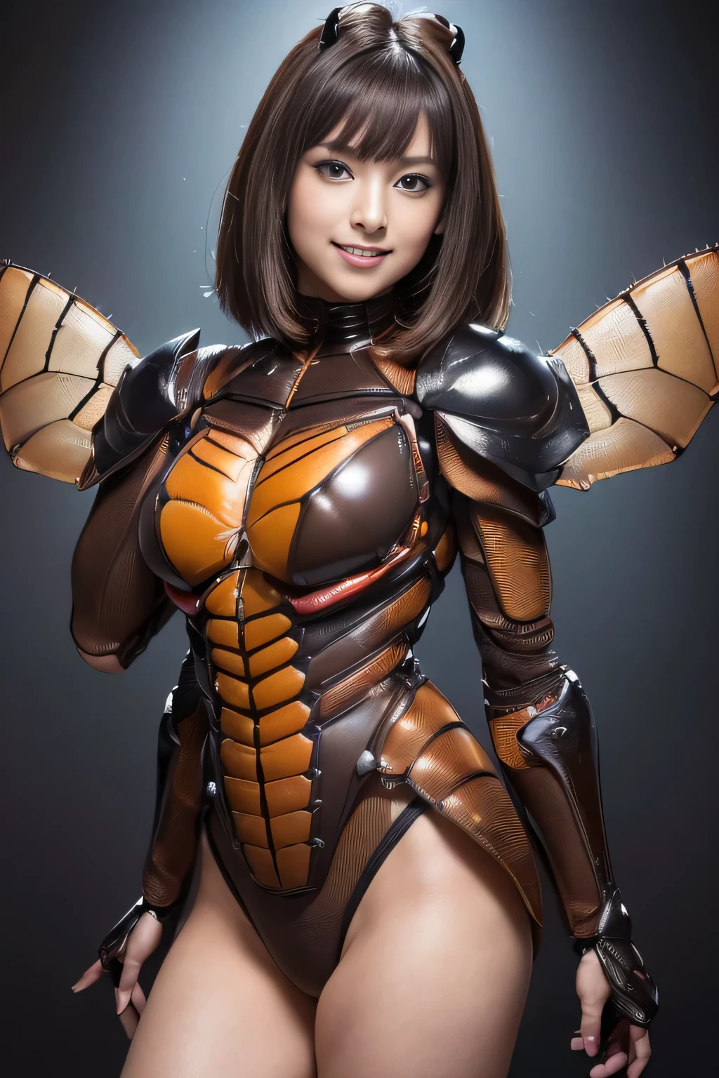 (High resolution,masterpiece,highest quality,Very detailed CG, anime, official art:1.4), realistic, photograph, amazing detail, everything is complicated, shiny and glossy,Amazing number of layers, 8K wallpaper, 3D, sketch, cute, figure,( alone:1.4), perfect female proportions,villain's daughter, (Fusion of dark brown cockroach and lady:1.4), (brown cockroach woman:1.2), (brown cockroach woman:1.2), (Fusion:1.2), (alone:1.4), (evil smile:1.2), muscular, abs, (Cockroach brown exoskeleton bio insect suit:1.4), (Cockroach brown exoskeleton bio insect armor:1.2), (brown transparent cockroach feathers:1.4), (Antennae of brown cockroaches:1.3),