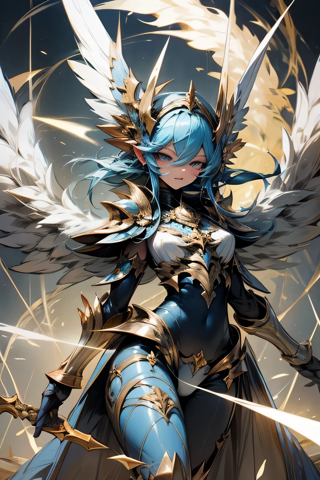 alone, 1 Girl, Androidsinonsolus, Shino Asada, short hair, bangs, blue eyes, hair ornament, hair between eyes, blue hair, sidelocks, slit pupils, gloves, long sleeves, wings, white gloves, armor, shoulder armor, breastplate, blue armor,, arms, Focus on women, Cape, armor, Androidization、Robotization, Handguard, Waist wrap skirt, breastplate, full armor,Thigh-heeled boots, Robot-like joints、Anatomically correct mechanical body (((masterpiece))), ((Highest quality)), ((Intricate details)) (8K)、Full Body Shot