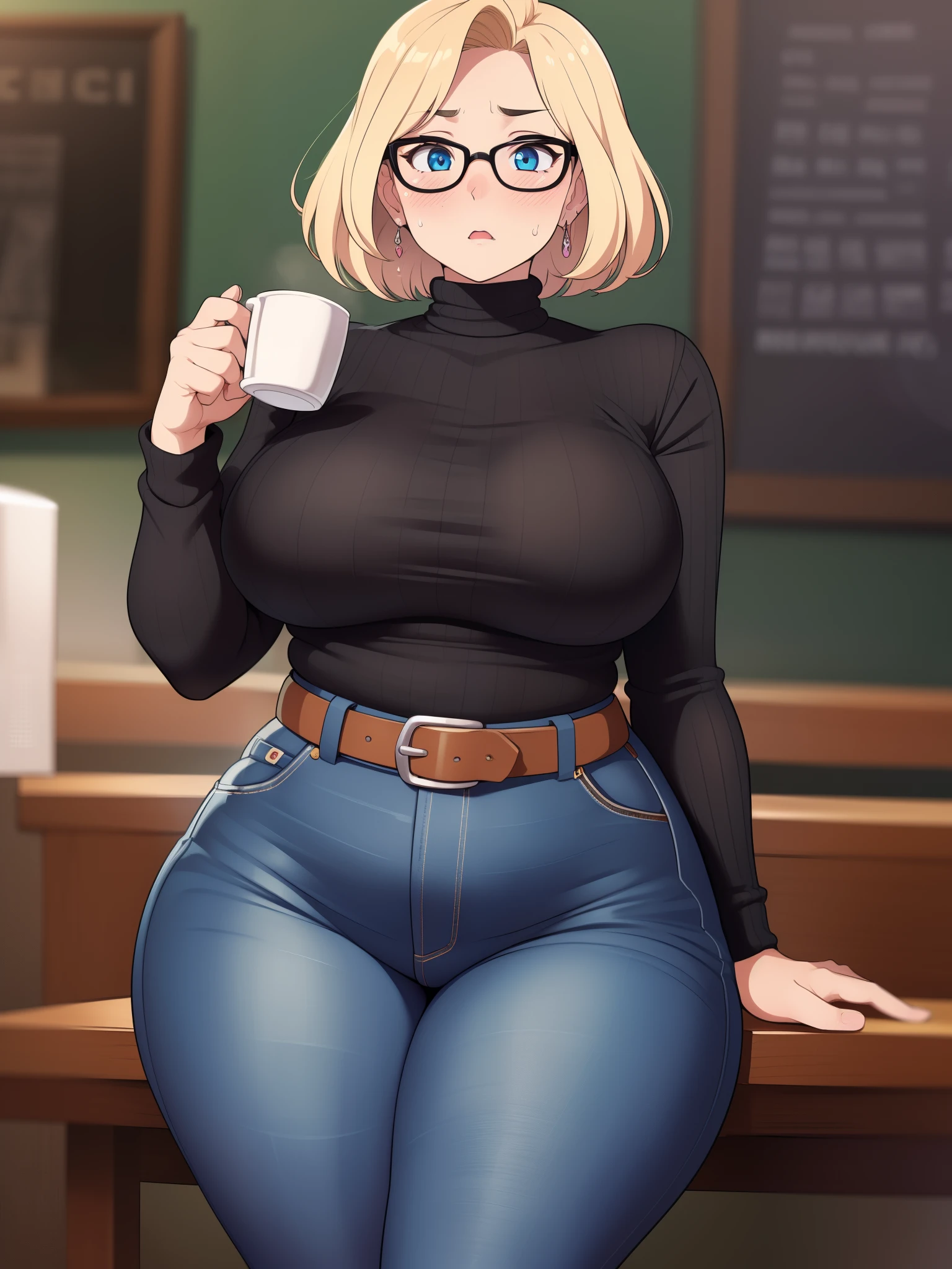 ((Masterpiece)), perfect anatomy, perfect shading, field of depth, (best quality), extremely delicate and beautiful, perfect lighting, detailed face, ultra cute face, cute, (cowboy shot 1.2), turned to the side, (((1girl))), ((solo)), looking at viewer,
short hair, fluffy hair, blonde hair, blue eyes, Glasses, ((Blush)), shy, nervous, sweating, (black turtleneck sweater 1.5), (jeans 1.2), belt, extremely tight clothes, medium breasts, ((wide hips)), ((thick thighs)), ((chubby)), chubby belly
coffee shop, sitting, intricate background, detailed background,