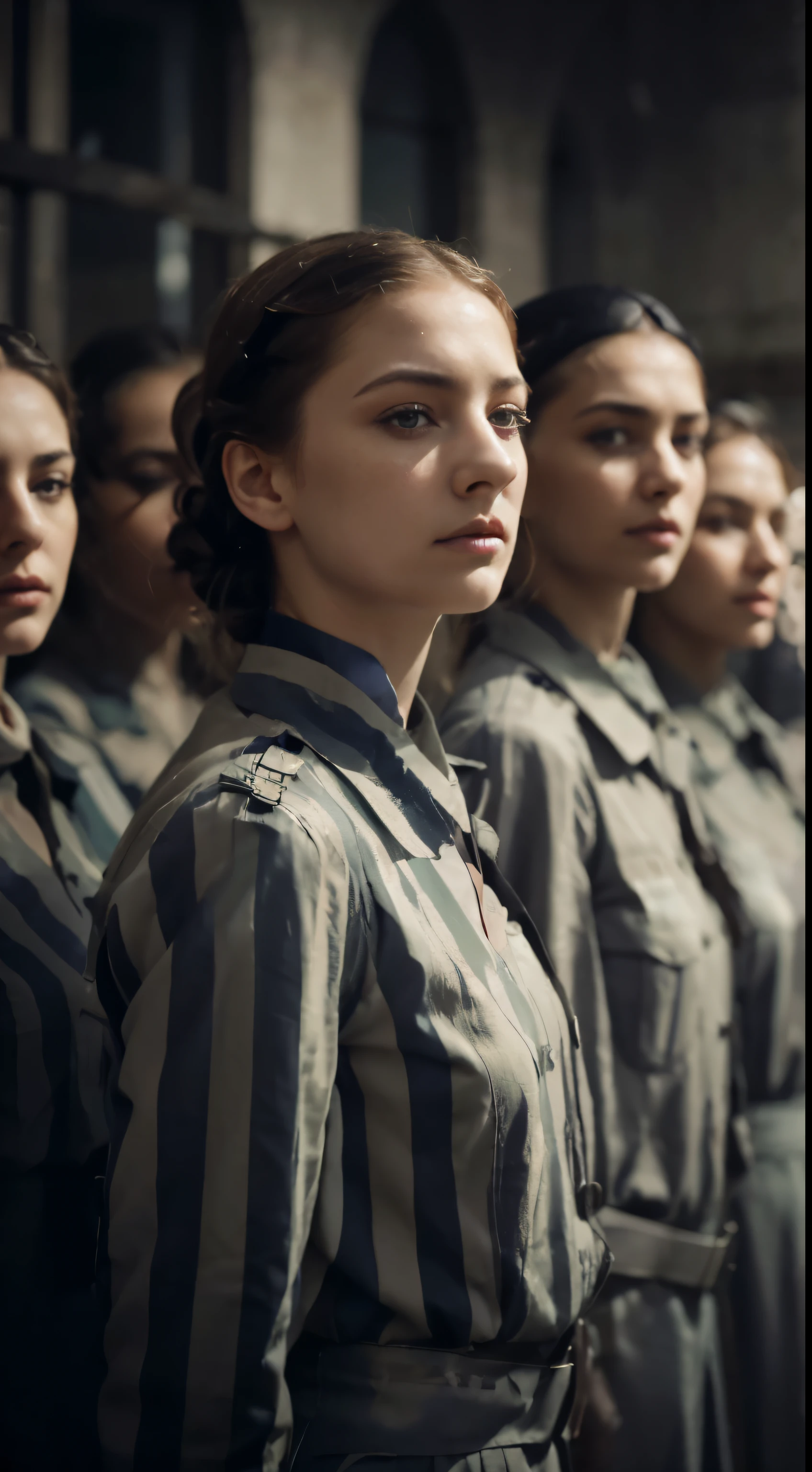 um grupo de mulheres ao lado uma da outra, in prison clothes, cinematic color grading, ww 2, inanna, excepcionalmente bonito, Beautiful pale makeup, German, safiras, f1. 3, paralelismo,  de 19 anos, contraste gritante, no text, um anjo, principal, cells