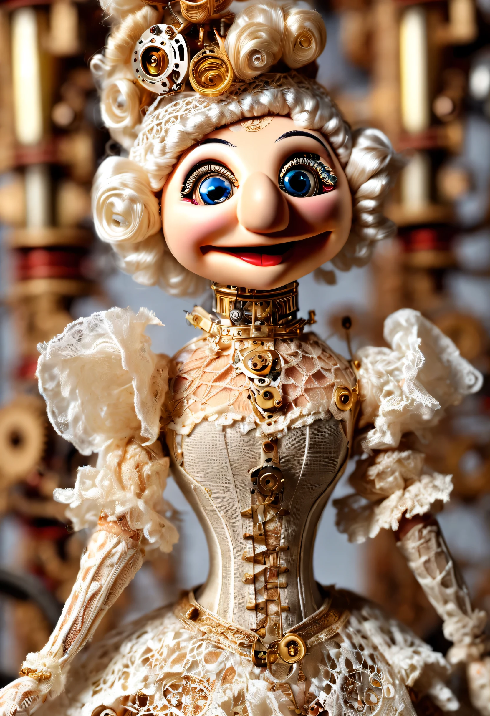 Mechanical dolls，puppet，super high quality，8k，beautiful details，gear，Exquisite machinery and precise electrical body，yarn art，Muppets，Rococo costumes，lace，cartoon，