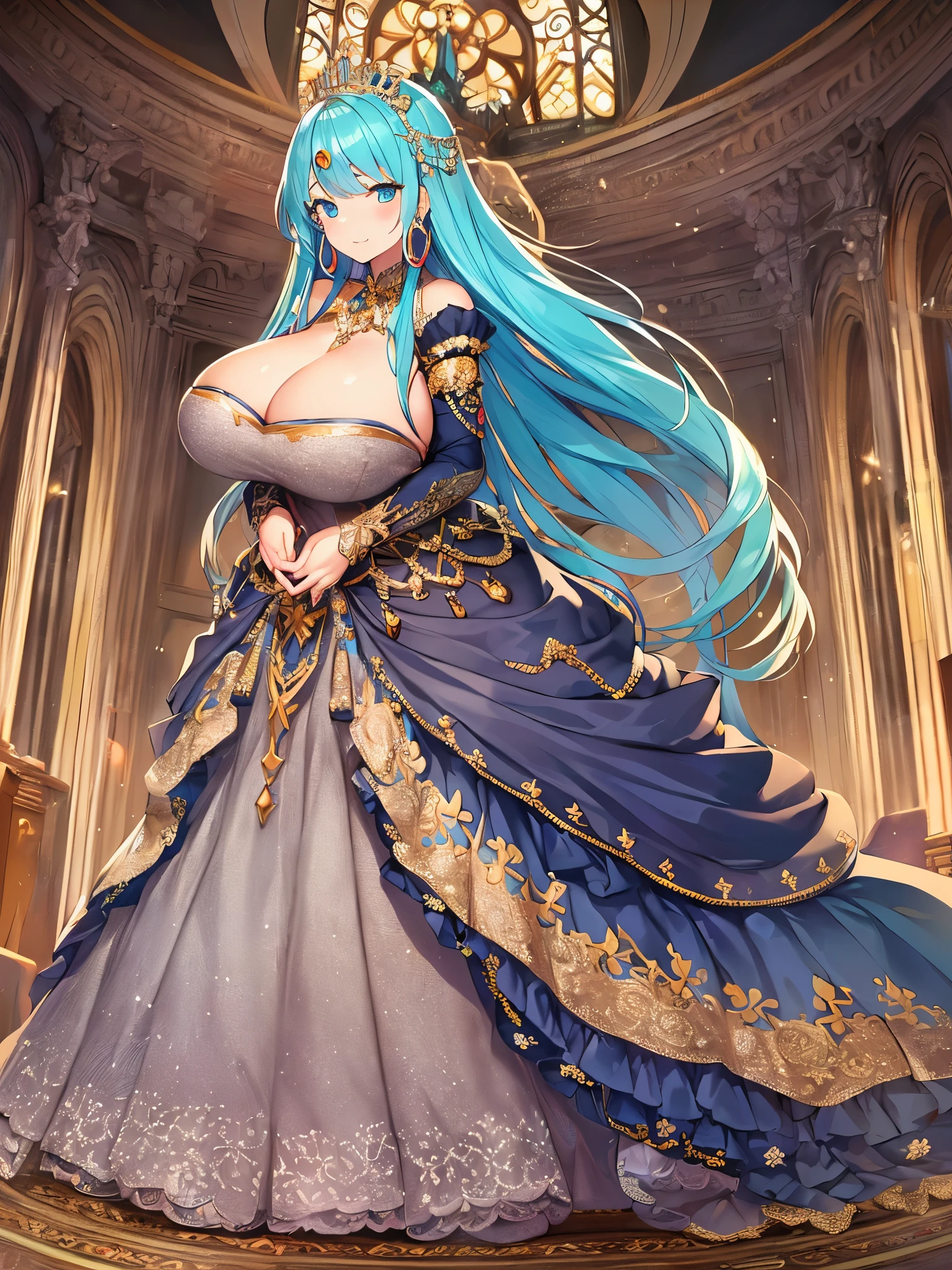 anime artstyle,Masterpiece,Best Quality,Super Detail,Very Delicate and Beautiful,Solo,((full body)),full body portrait,(((1 bling-bling gorgeous sacred Queen in a gorgeous embroidery rococo ballgown with jeweled))),((((very very gigantic tits,cleavage,curvy)))),Skindentation,((Cathedral,church)),((crinoline,long train)),super detailed gorgeous princess ballgown with voluminous full length hoop skirt,gorgeous princess rococo ballgown with long train,((gorgeous princess rococo ballgown with beautiful embroidery and jeweled)),(detailed face and eyes),jewel-like eyes,((extremely voluminous straight Hair,Extremely Long Straight Hair)),extremely gorgeous hair ornament,((extremely gorgeous bling-bling big tiara)),bling-bling luxurious jewelry,Beautifully detailed lots of lace and ruffles,(Dynamic Angle),(((super detailed gorgeous princess rococo ballgown with voluminous full length hoop skirt))),full body