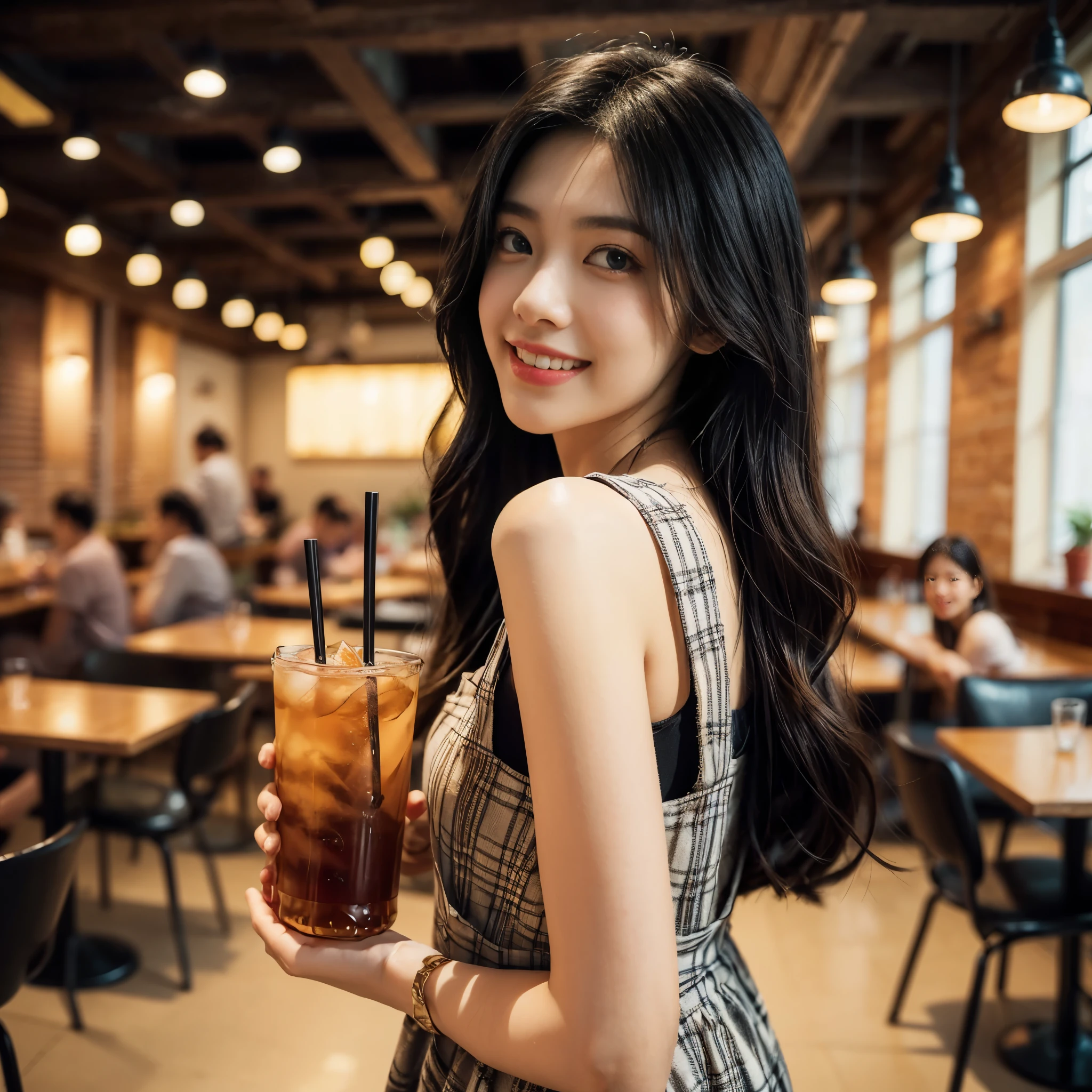 Film photography of a 20 year old woman with an Indonesian face, long black shoulder length hair wearing a checkered pinafore dress (back view), standing with a smiling face looking at the camera while holding out a transparent plastic cup containing iced tea and a black straw with her left hand, the background shows interior of a cafe or restaurant and tables and chairs, (warm hue, warm tone) bokeh, professional color gradient, shot by Sony a6700, sigma 23mm (35mm FFeqf), mist filter 1/4