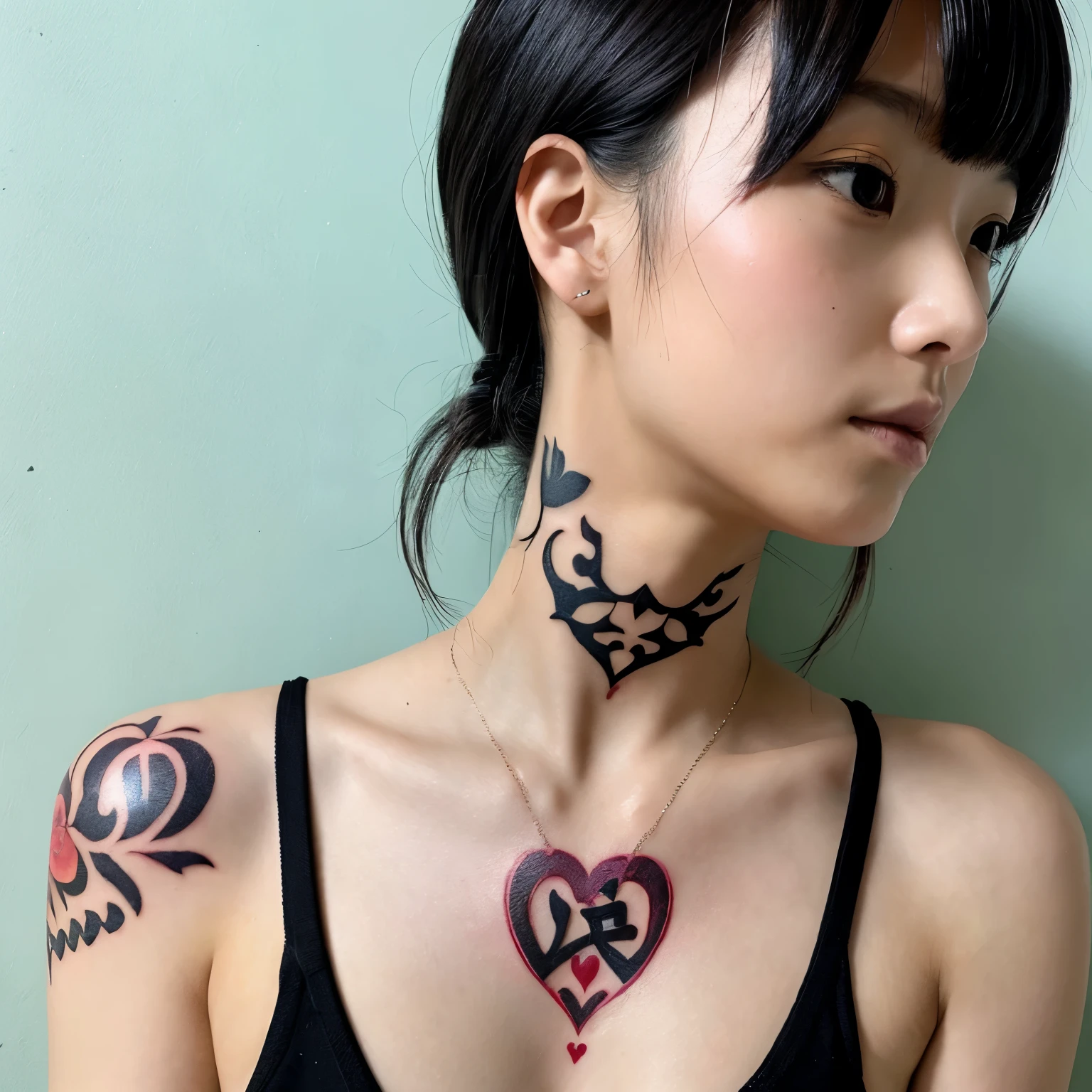 a love kanji tattoo with mirroring cracks on the neck.