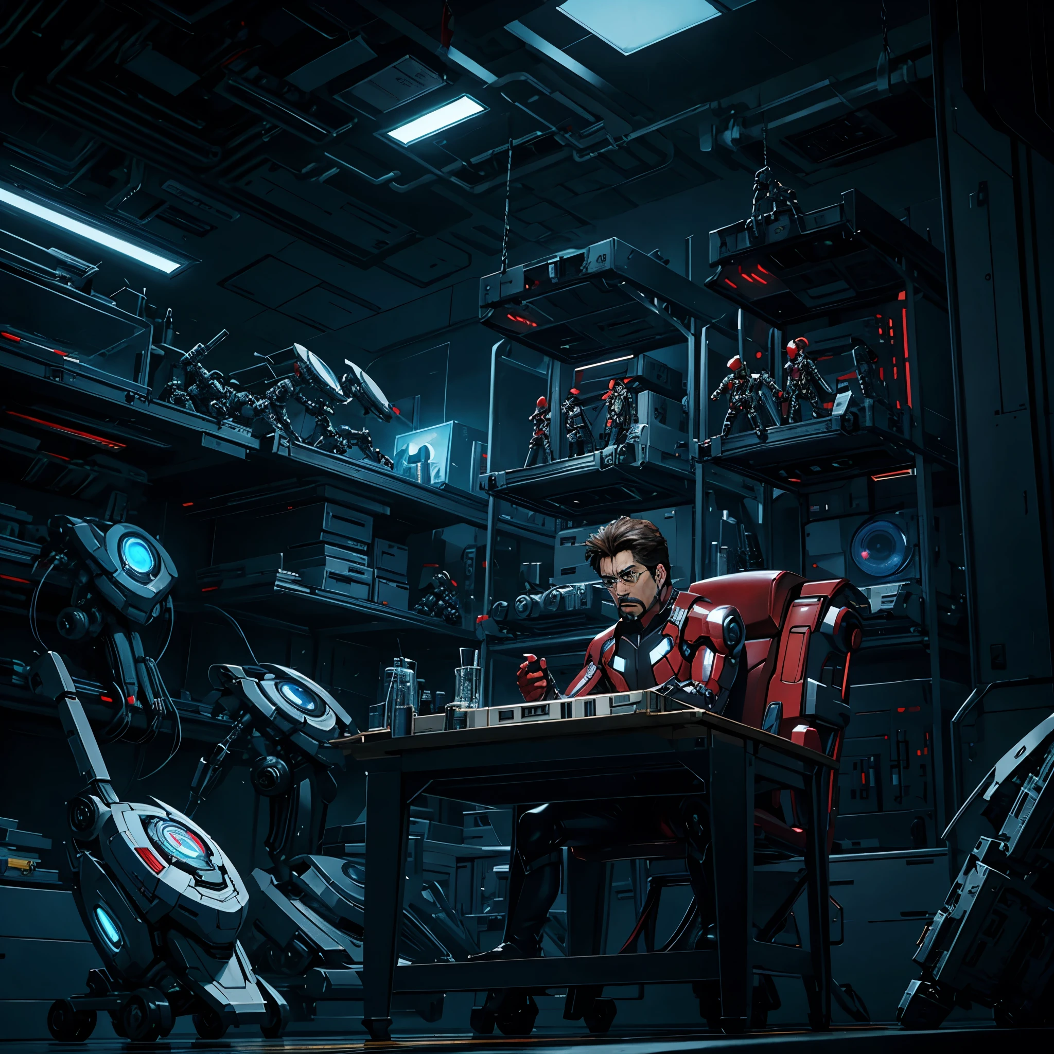 Tony Stark working in his laboratory with several robots