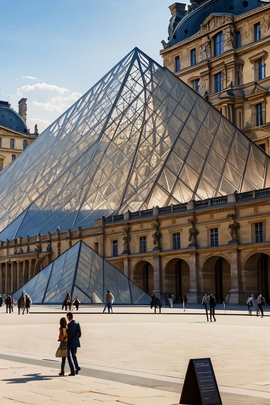 masterpiece,best quality,illustration,photo-realistic,French tourism,Louvre Museum,crisp details,exterior scene,cultural landmarks,iconic museum,unique perspectives,scenic courtyard,architectural marvels,Louvre pyramid,sunny ambiance,peopleless