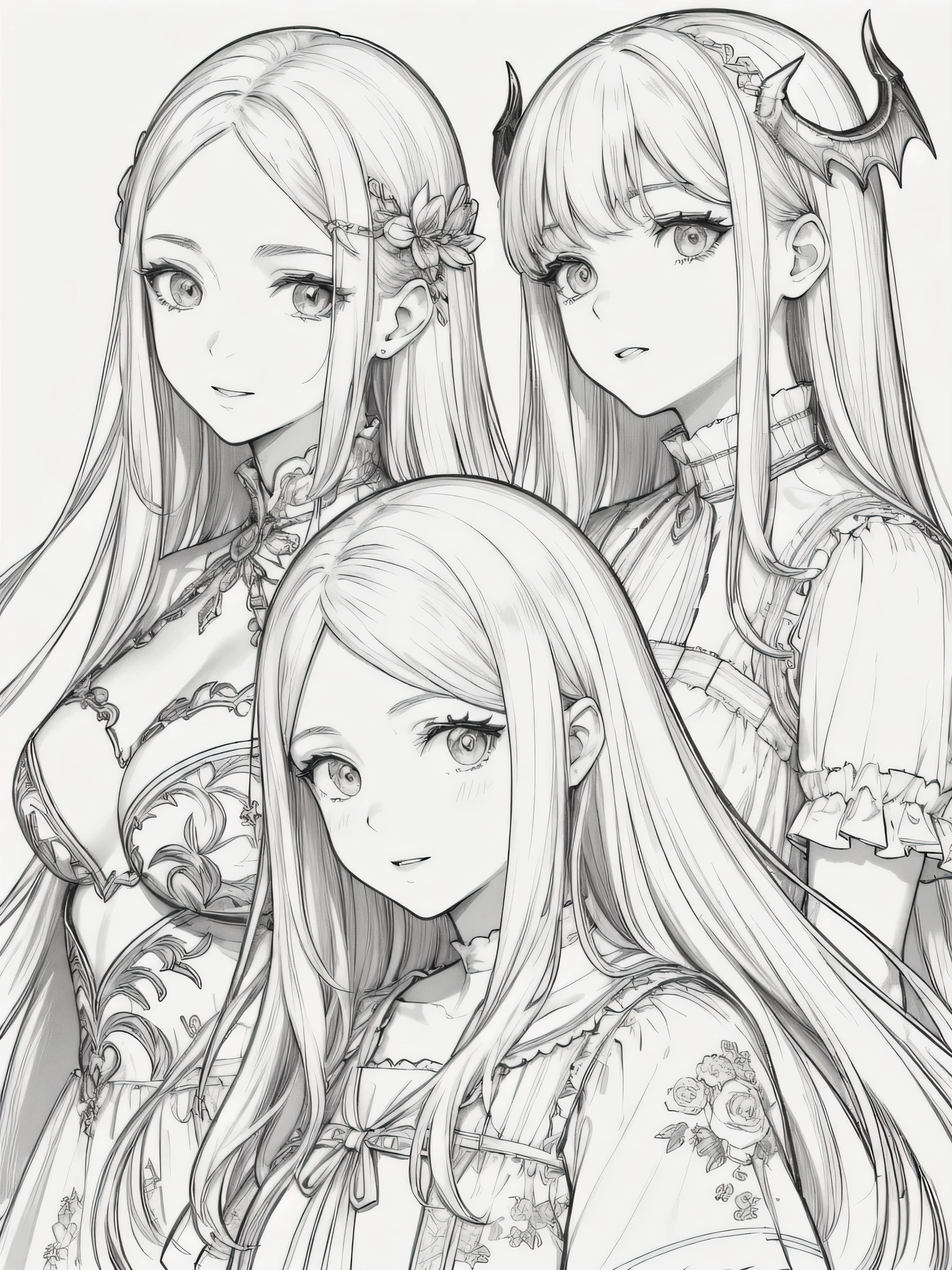 (Mejor calidad,4k,8K,high resolution,obra maestra:1.2),ultra detallado,(angel y demonio),obra maestra,cuerpo completo, manga,hermoso, dos chicas,demonio , angel ,Femenino,Fondo blanco,monocromo,Dibujo lineal,((bosquejo)),sorprendido,ojos blancoanos perfectas))
