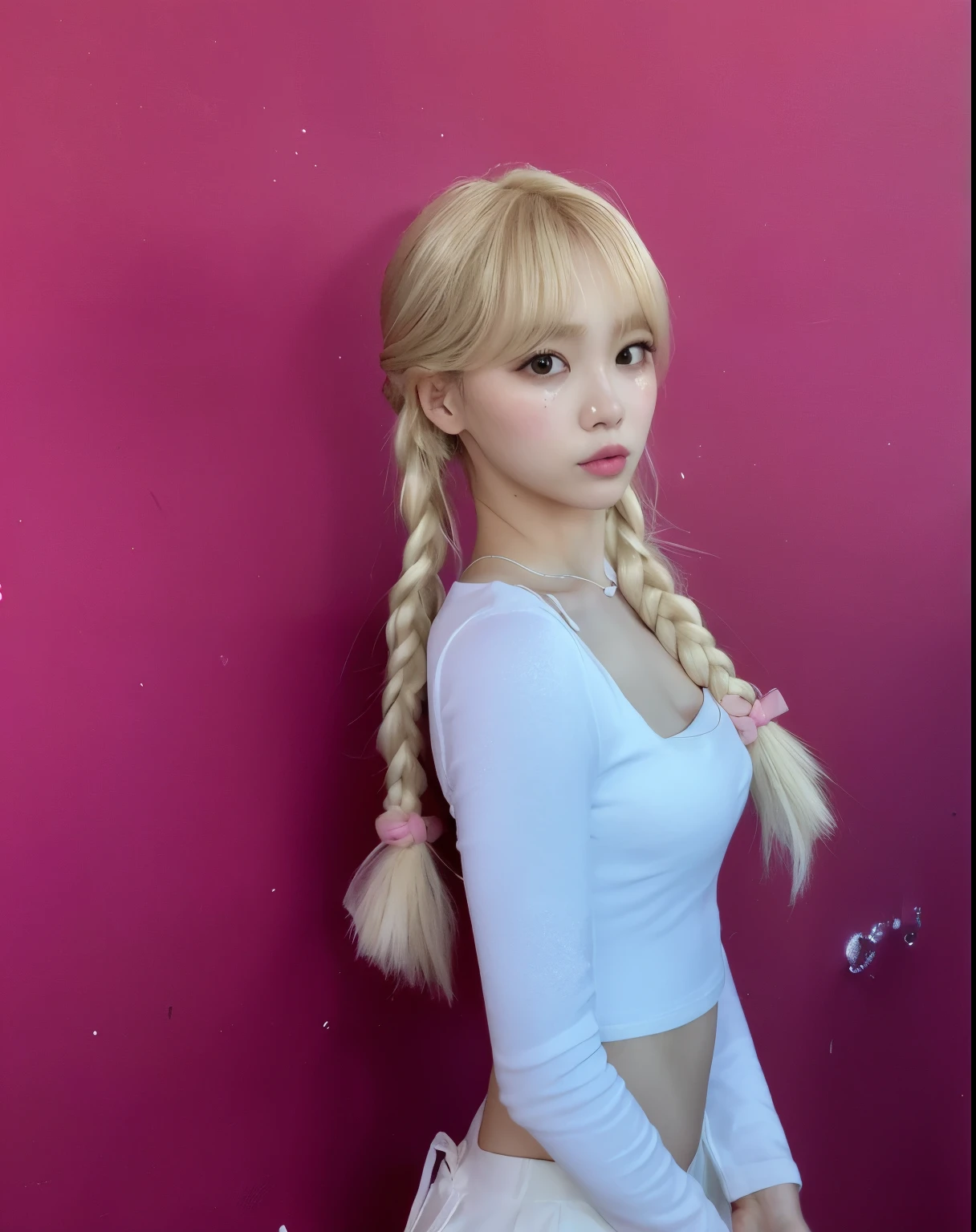 Mujer rubia con pelo largo trenzado y top blanco contra la pared rosa, chaewon, coletas trenzas, blond hair with trenzas, peinado de dos trenzas, two trenzas hairstyle, coletas hair, coleta, Kim Chaewon de Lesserafim, ulzzang, long coleta, coletas, retrato de Kim Chaewon , pelo largo y blanco y flequillo