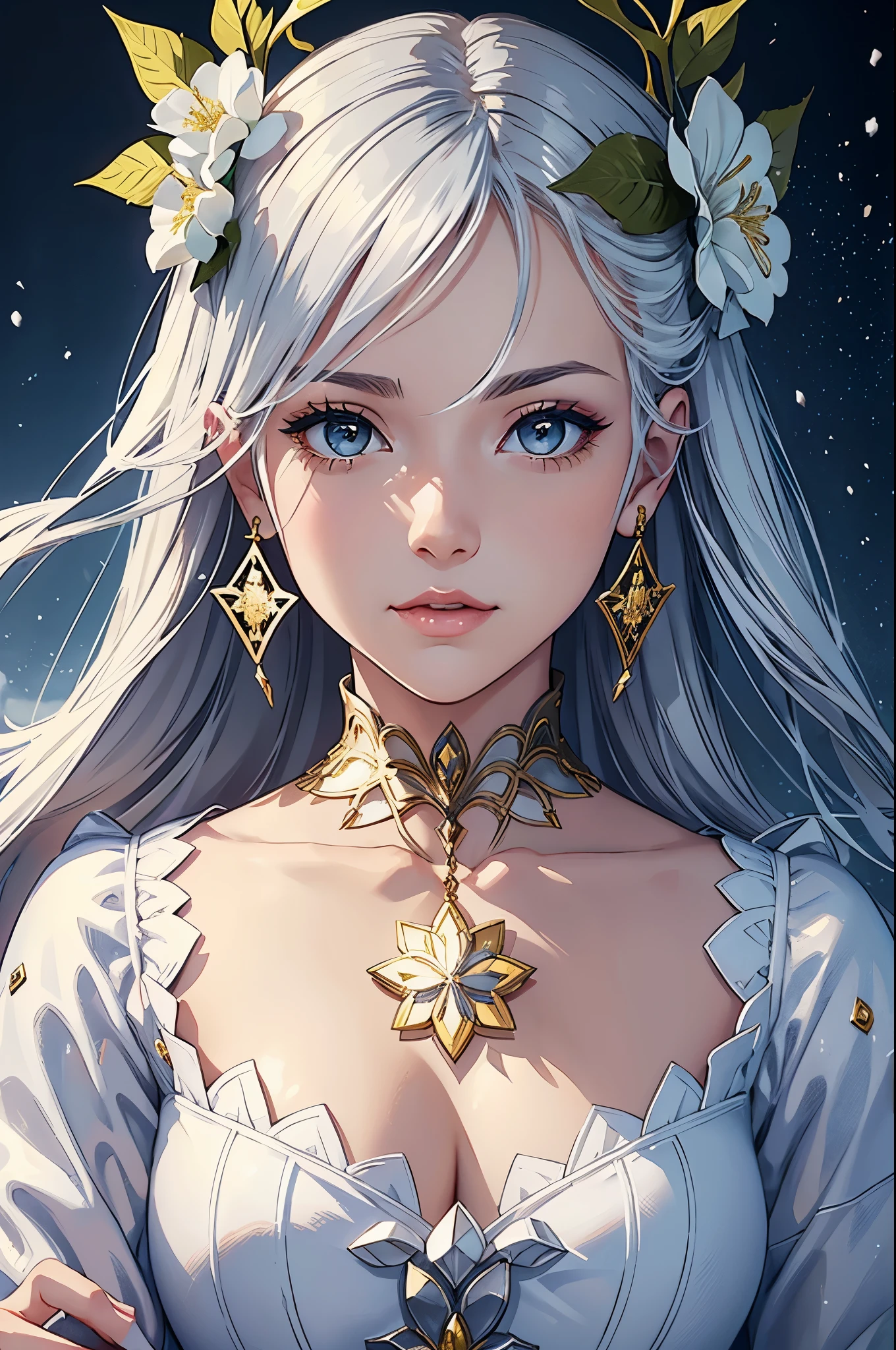 **a white girl holding a flower in her hands, in the style of artgerm, silver and gold, kawacy, snow scenes, detailed facial features, enchanting realms, comic art