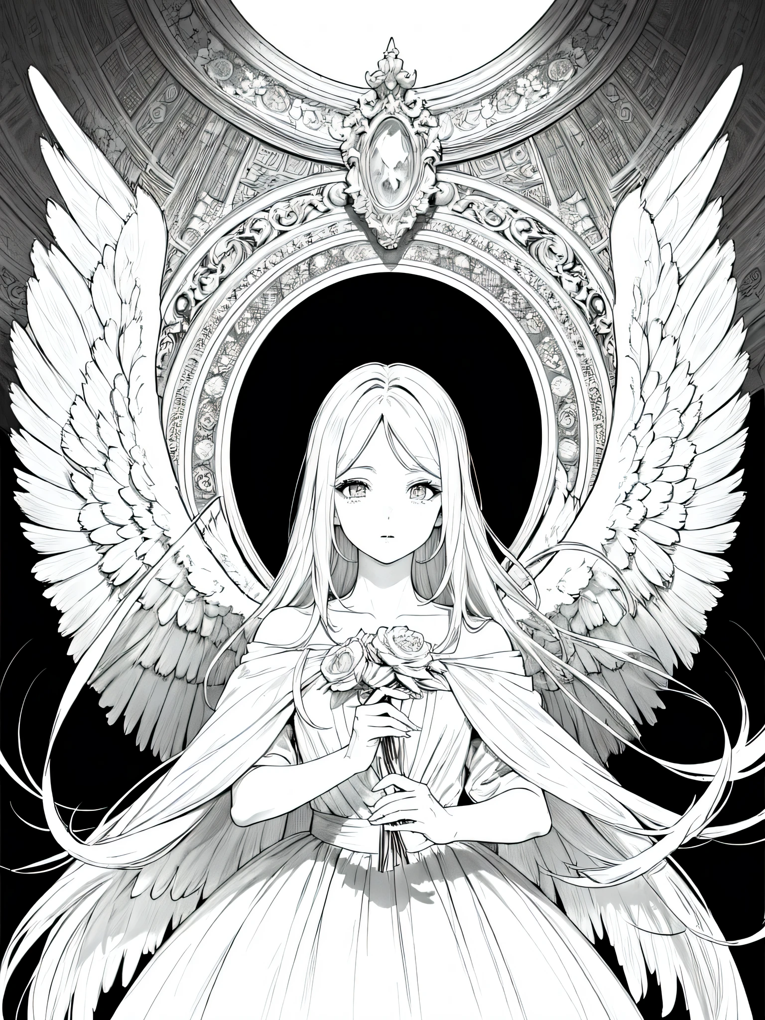 (Mejor calidad,4k,8K,high resolution,obra maestra:1.2),ultra detallado,(angel),obra maestra,cuerpo completo, (((cabello negro))),  manga,hermoso,girl with angel wings, angel ,Femenino,Fondo blanco,monocromo,Dibujo lineal,((bosquejo)),sorprendido,ojos blancoanos perfectas))