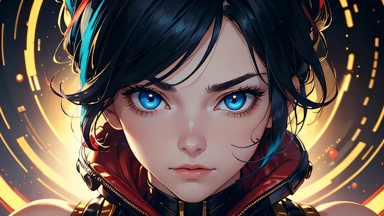 4K, A high resolution, Best quality at best, masterpiece, perfect colors, perfect shadow, perfect litthing, ((sportrait)), 1woman, fit body, heterochromia eyes,dark blue hair , blue eyes, With round lenses, The audience watched carefully, (s face: 1.2), Perfect female figure, ((dynamic pose)), ((gold and red Tight crop top gold and red leather suit)), ((shy and looking at viewert)), (Perfect thick white eyebrows) Delicate fur, 详细s face, s the perfect face, , (dynamic pose), cyberpunk abstract background, ((Bonifasko lighting)), (The round lenses on his eyes)(detailed eyes), Perfect student, ((face close up))