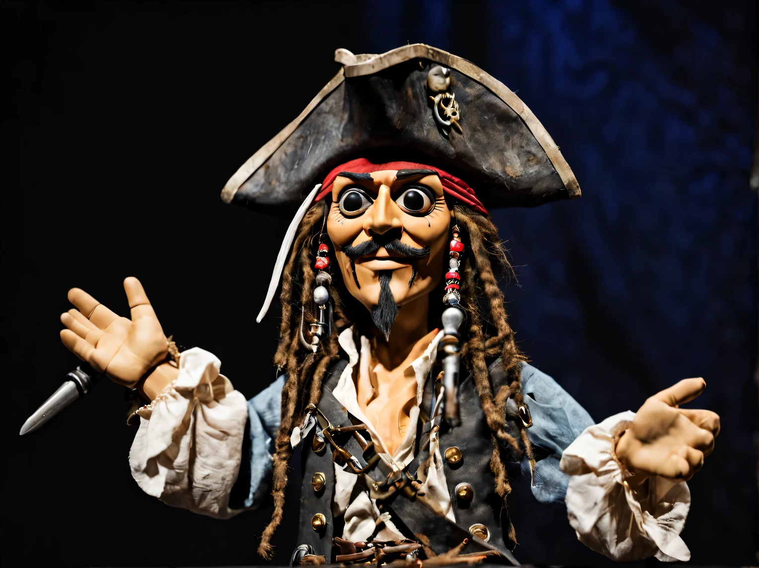 Mechanical doll Jack Sparrow from the puppet film "pirates of the carribean", staged on the puppet stage of the theater