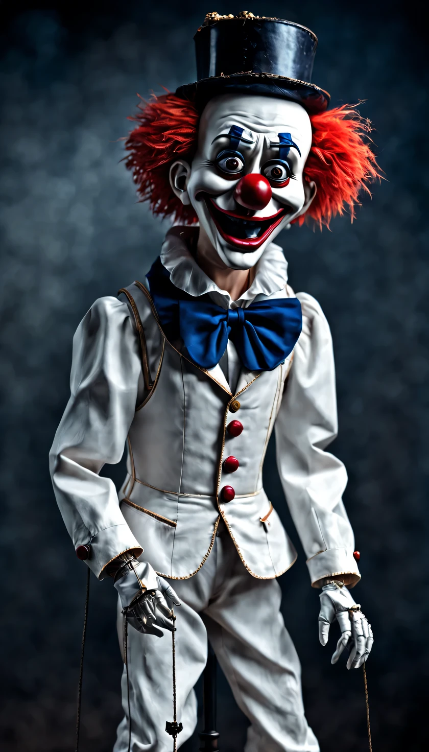 mechanical puppet a crying French clown, Dramatic plot, sad french mimic in white clothes and hat, (mechanical puppet:1.3), (full pose:1.5), (whole body:1.5), High detail, High dramaturgy, Realistic, cinematic treatment, 32K