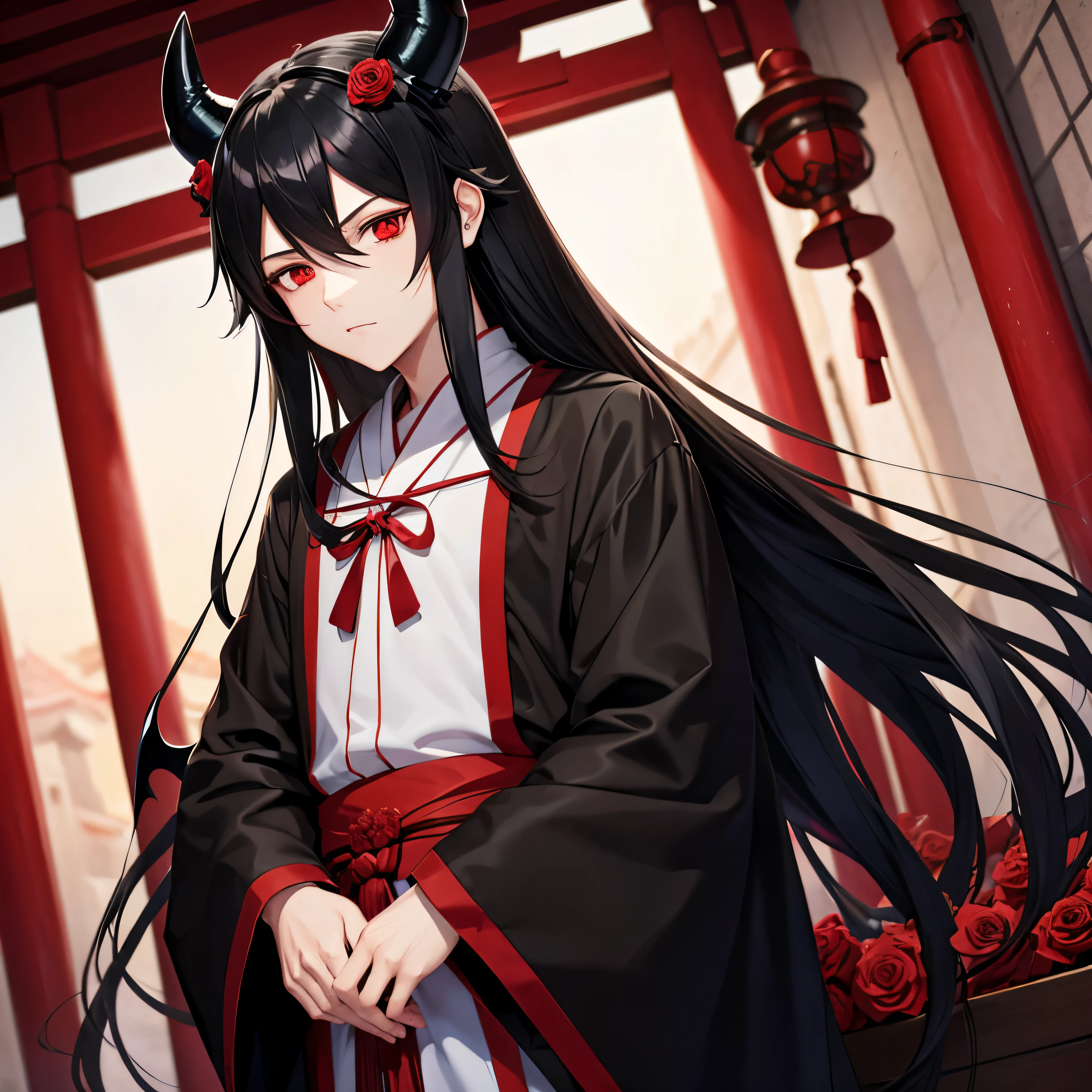 Anime boy with long black hair in a shrine outfit and demon horns, in roses and red eyes