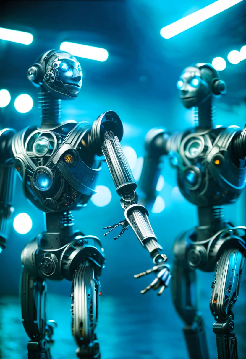 image: **[Mechanical puppets]** Descriptive keyword creature with intricate details and moving parts, similar to puppet.* photography style: *Industrial style and futuristic style, Cold blue lighting highlights the metallic texture.* Tone: *Mysterious and intriguing* Purpose: **[Mechanical puppets]** action: *The Mechanical puppets is gracefully dancing with fluid movements, As if performing an elegant ballet.* Create an image of a Mechanical puppets in an industrial and futuristic setting, Shot under cool blue light, Reveal intricate metal details. Tone应该唤起一种神秘感和阴谋感, The puppets dance like puppets，lifelike.