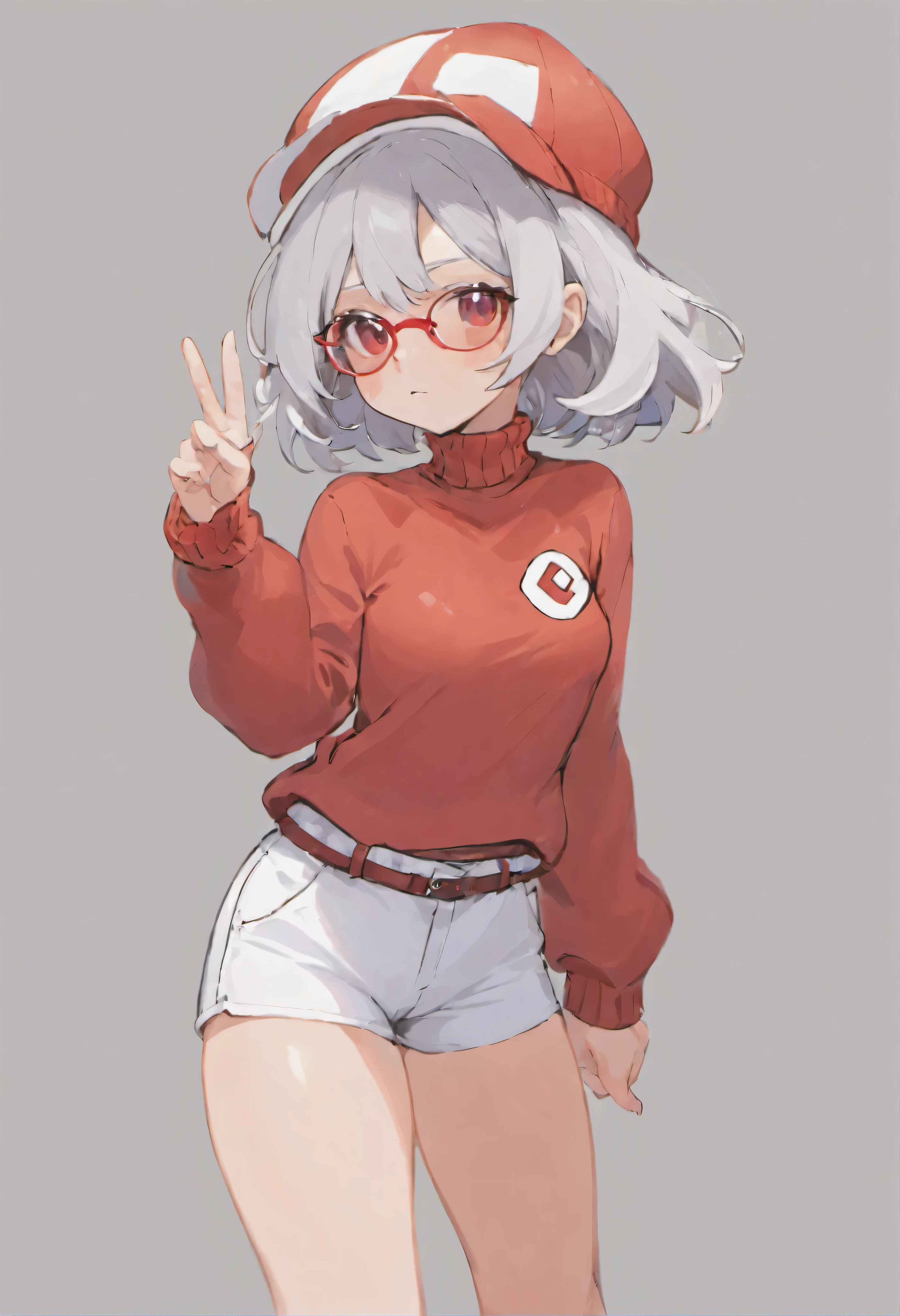 Cara ruim,boné de baseball,Red boné de baseball.White shorts with right hand sticking forward,Malhas de gola alta,Red Glasses,high resolution, 1mulher,Pose with right arm stretched forward, only,Holding a Poké Ball in hands, olhos cinzentos, cabelo branco, Red Glasses,Red boné de baseball, Gola alta de malha vermelha com mangas compridas, White shorts, dentro, Stadium, profundidade de campo, Cara ruim, Stretch the arm holding the Pokéball, place your hands on your hips,