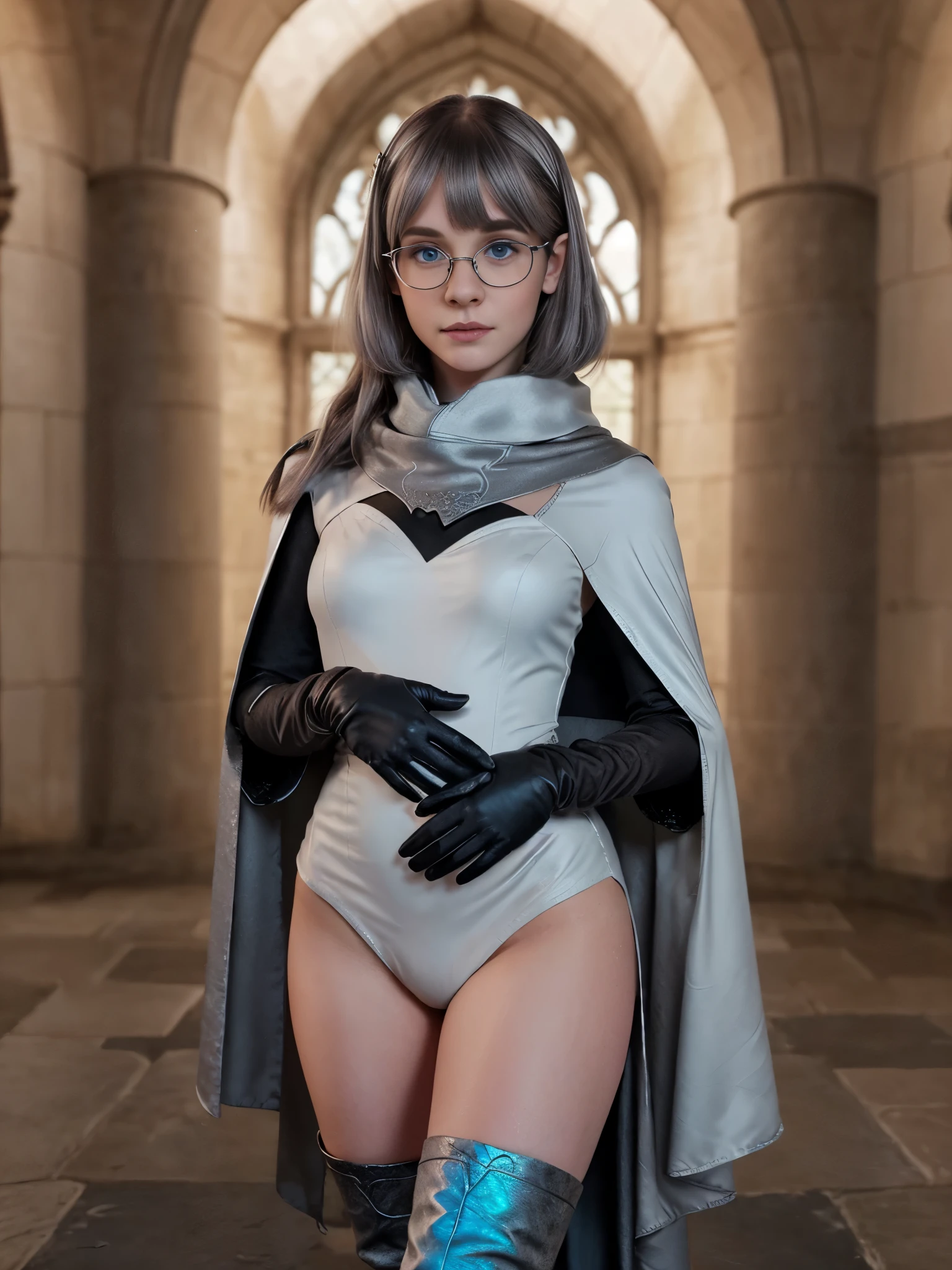 (Realistic:1.2), midshot, (Illustration of a shy cute pale ivory female half elf sorcerer wearing a long sleeve black dress, dark grey scarf , white cape, black gloves, black boots , with pale short hair with silver straight bangs , blue eyes, oversized round glasses, magical castle academy for background