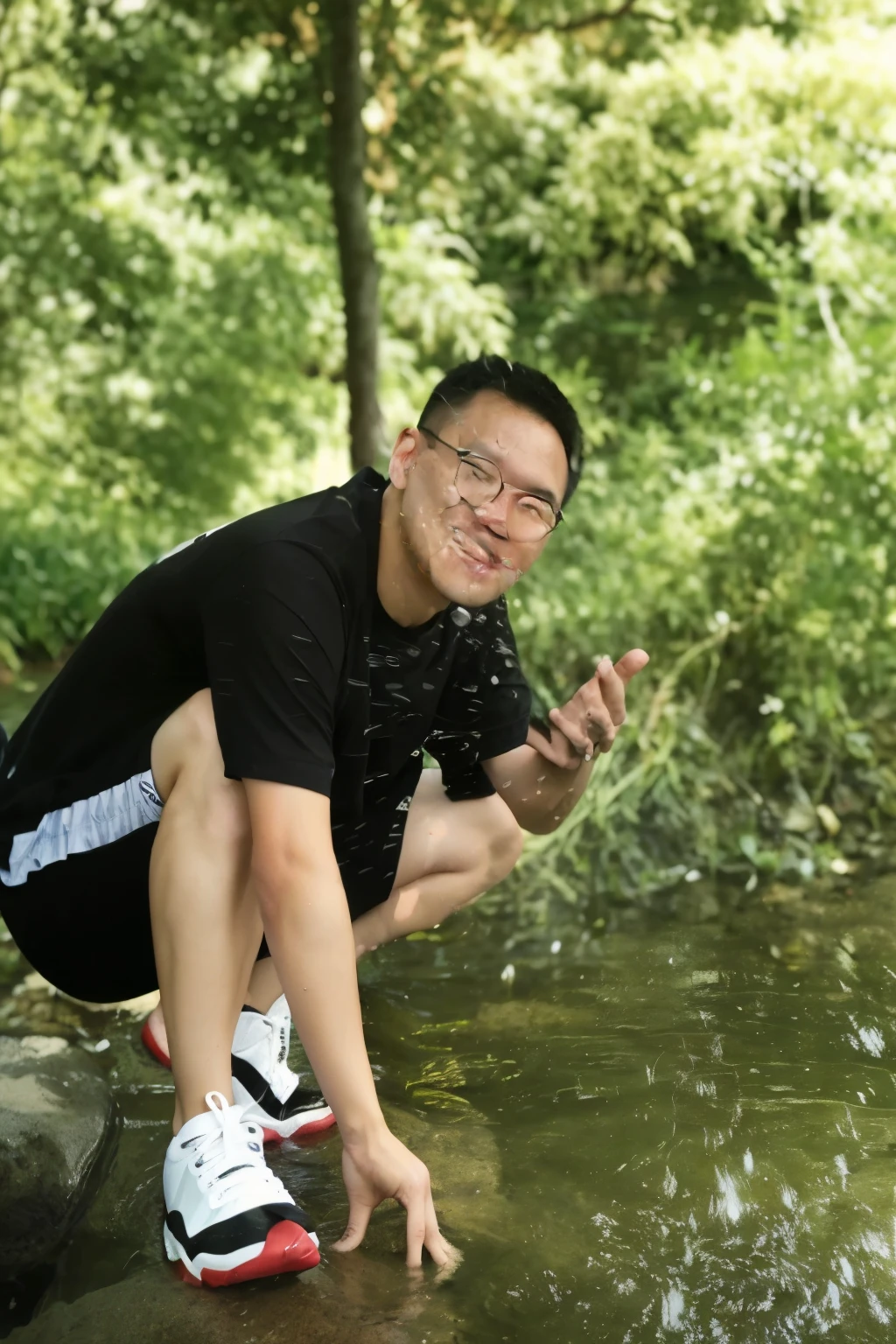 There is a man kneeling on a rock in the water, sit by the river, stand next to water, New Kevin, Xintong Chen, Andrew Thomas Huang, David Liang, Hyperrealistic portrait in the river, sitting by the pond, steve zheng, river in background, Inspired by Ding Yunpeng, Profile picture, Profile picture 1024px
