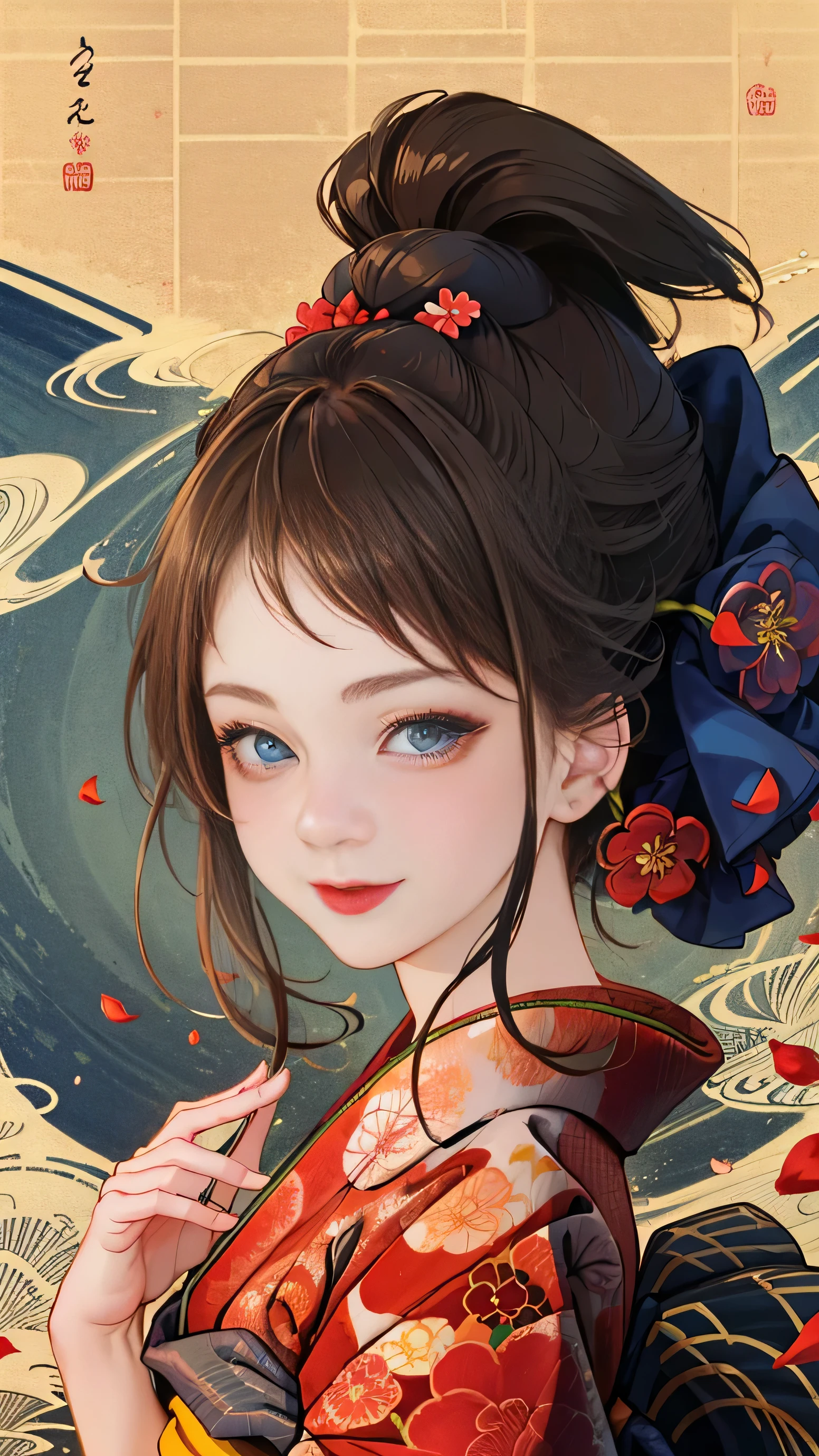 get used to it. 🌸 Beautiful kimono like a courtesan with deep blue eyes, Black hair and shining hair ornaments, Portrait of a woman with a cute smile and red lipstick, A background that exudes elegance, red petals sway in the wind