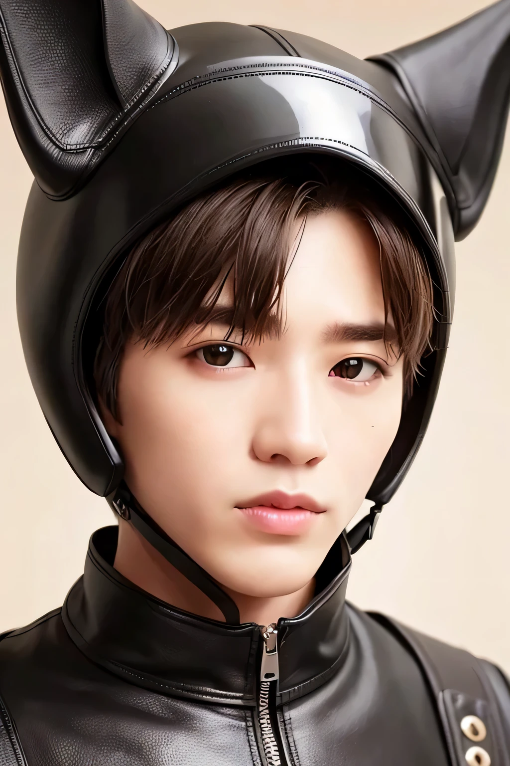 1 person、high quality、masterpiece、4k、、realistic skin、rough skin、(close-up shot of face:1.23)、、Dog Headgear、latex clothing、