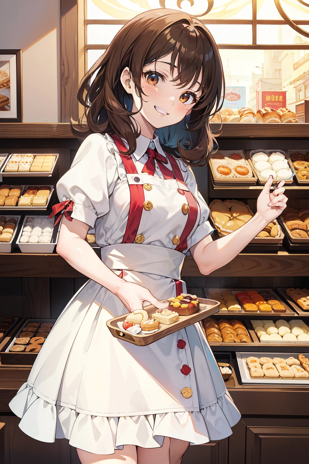 masterpiece, featuring a young anime girl with unruly, curly hair that frames her radiant brown eyes. Her endearing smile captivates the audience as she gazes at the enticing array of mouth-watering pastries and candies displayed in the vibrant, colorful bakery. Each detail of this charming tableau is meticulously crafted with impeccable artistry, showcasing lifelike textures and ultra-high definition rendering in the characteristic hues of anime. The 8k resolution adds to the immersive experience, allowing you to savor every minute detail of the bakery's mouth-watering textures and the girl's infectious grin.