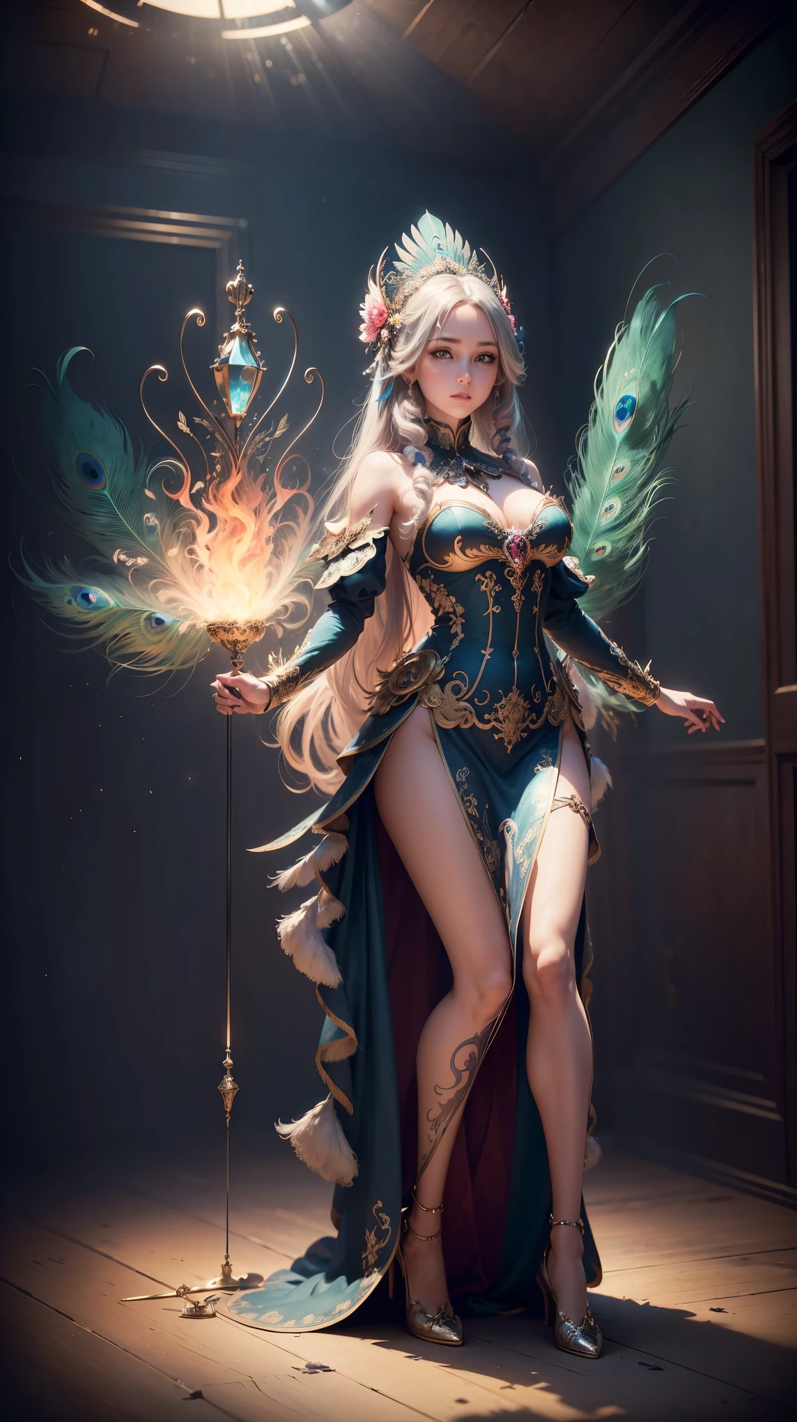 (Dynamic Angle:1.4), ((full body pose:1.5), (ColorFul:1.2), (极其细致的CG统一16kwallpaper:1.1), (Noise reduction intensity: 1.45), (masterpiece:1.37), ((oFFcial art)), top quality, wallpaper, The original, (1 girl:1.35), (alone), Full bodyesbian, Dynamic, blue eyes, delicate eyes, Peacock wings, (long hair), Color tips, Colored inner hair, jewelry, Intricate Filigree, Feathers on dresses, Volumetric lighting, Tyndall eFFect, Peacock Feathers, halo, (masterpiece:1.35) [Peacock Feather gorgeous dress:(Peacock Feathers):0.85], (illustration), (Depth oF Field), chiaroscuro, light, color diFFerence, spark, Ray tracing, mix, super wide angle, F/1.8, Hasselblatt, Sony FE General Manager,