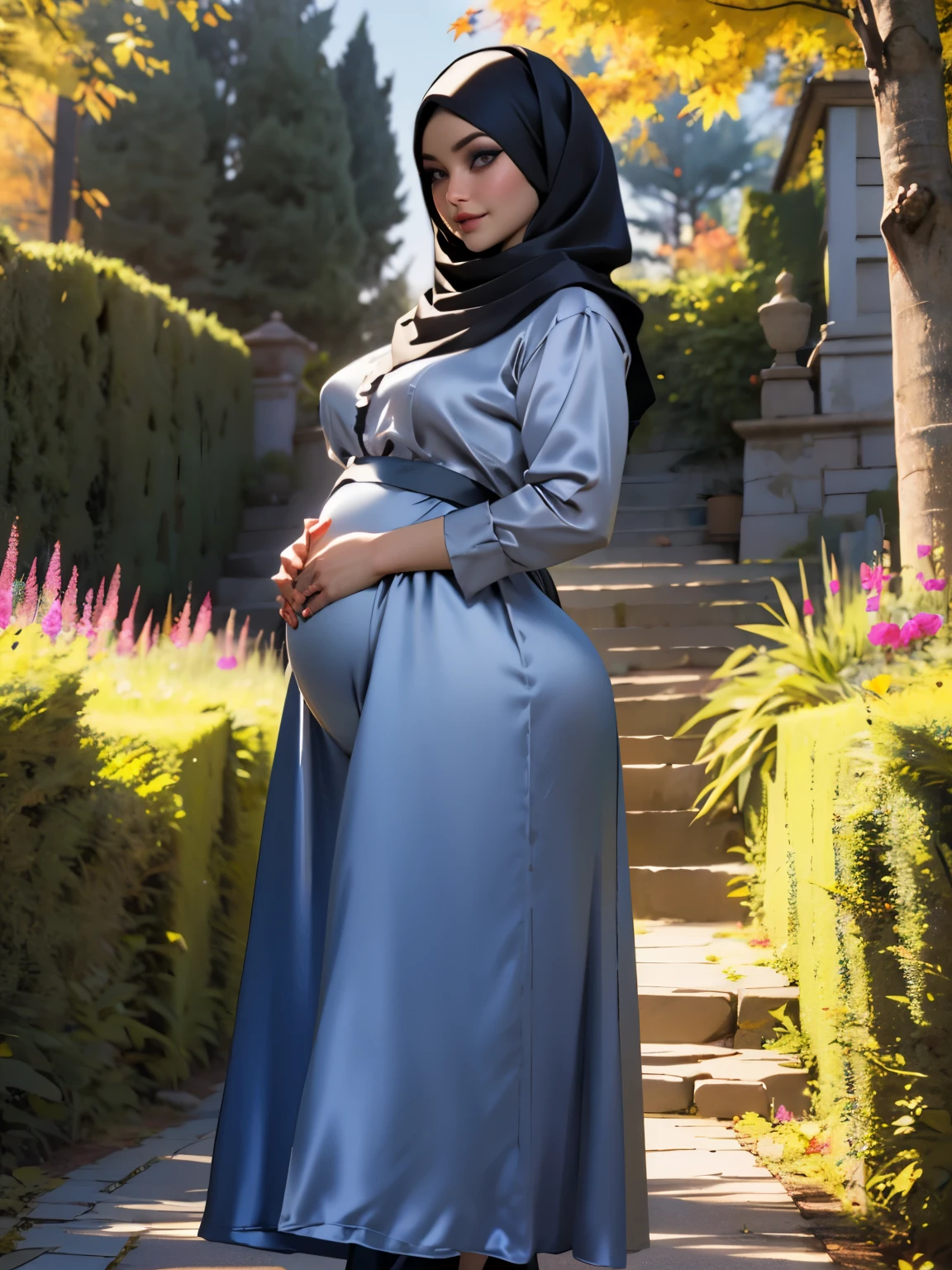 3dmm style, Masterpiece, realistic, best quality, best lighting, beautiful mature Czech woman, 1 girl photo solo, pregnant, beautifully makeup, eyeshadow, Parted Lips, Detailed Eyes, Big eyes, brown eyes, long eye lashes, dimples on the cheeks, smile, wearing ((Dark blue satin hijab)), loosely tide hijab style, ((gray satin shirt and satin long skirt)), (Half-body portrait), Front view, Symmetric Centre, facing the viewer, walking on trails autumn garden.