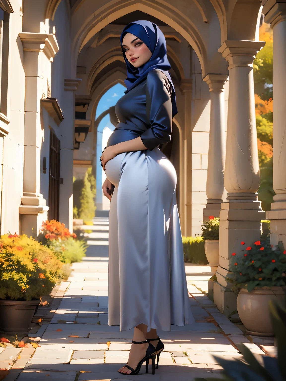 3dmm style, Masterpiece, realistic, best quality, best lighting, beautiful mature Czech woman, 1 girl photo solo, pregnant, beautifully makeup, eyeshadow, Parted Lips, Detailed Eyes, Big eyes, brown eyes, long eye lashes, dimples on the cheeks, smile, wearing ((Dark blue satin hijab)), loosely tide hijab style, ((gray satin shirt and satin long skirt)), (Half-body portrait), Front view, Symmetric Centre, facing the viewer, walking on trails autumn garden.