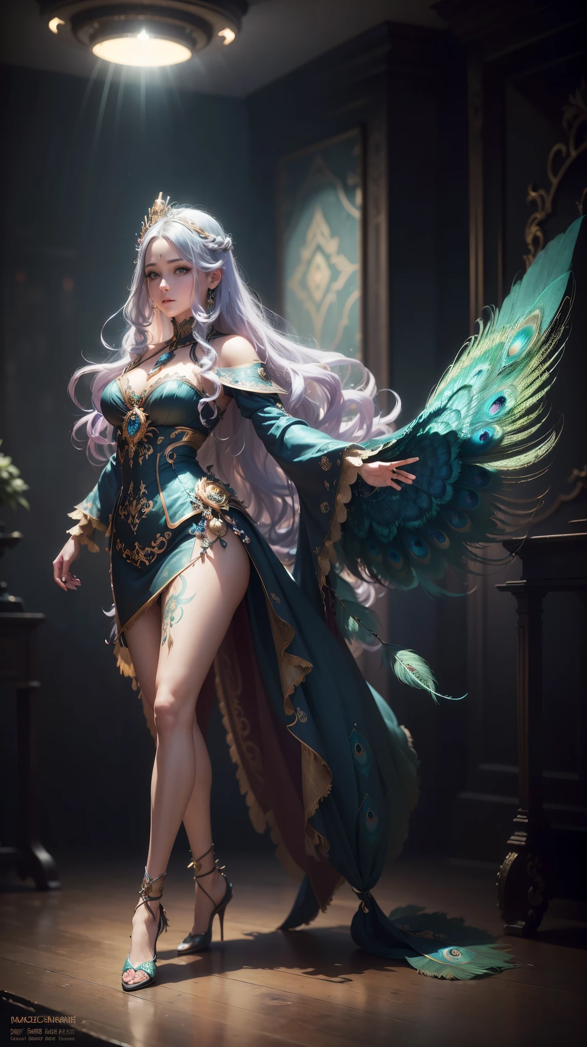 (Dynamic Angle:1.4), ((full body pose:1.5), (ColorFul:1.2), (极其细致的CG统一16kwallpaper:1.1), (Noise reduction intensity: 1.45), (masterpiece:1.37), ((oFFcial art)), top quality, wallpaper, The original, (1 girl:1.35), (alone), Full bodyesbian, Dynamic, blue eyes, delicate eyes, Peacock wings, (long hair), Color tips, Colored inner hair, jewelry, Intricate Filigree, Feathers on dresses, Volumetric lighting, Tyndall eFFect, Peacock Feathers, halo, (masterpiece:1.35) [Peacock Feather gorgeous dress:(Peacock Feathers):0.85], (illustration), (Depth oF Field), chiaroscuro, light, color diFFerence, spark, Ray tracing, mix, super wide angle, F/1.8, Hasselblatt, Sony FE General Manager,