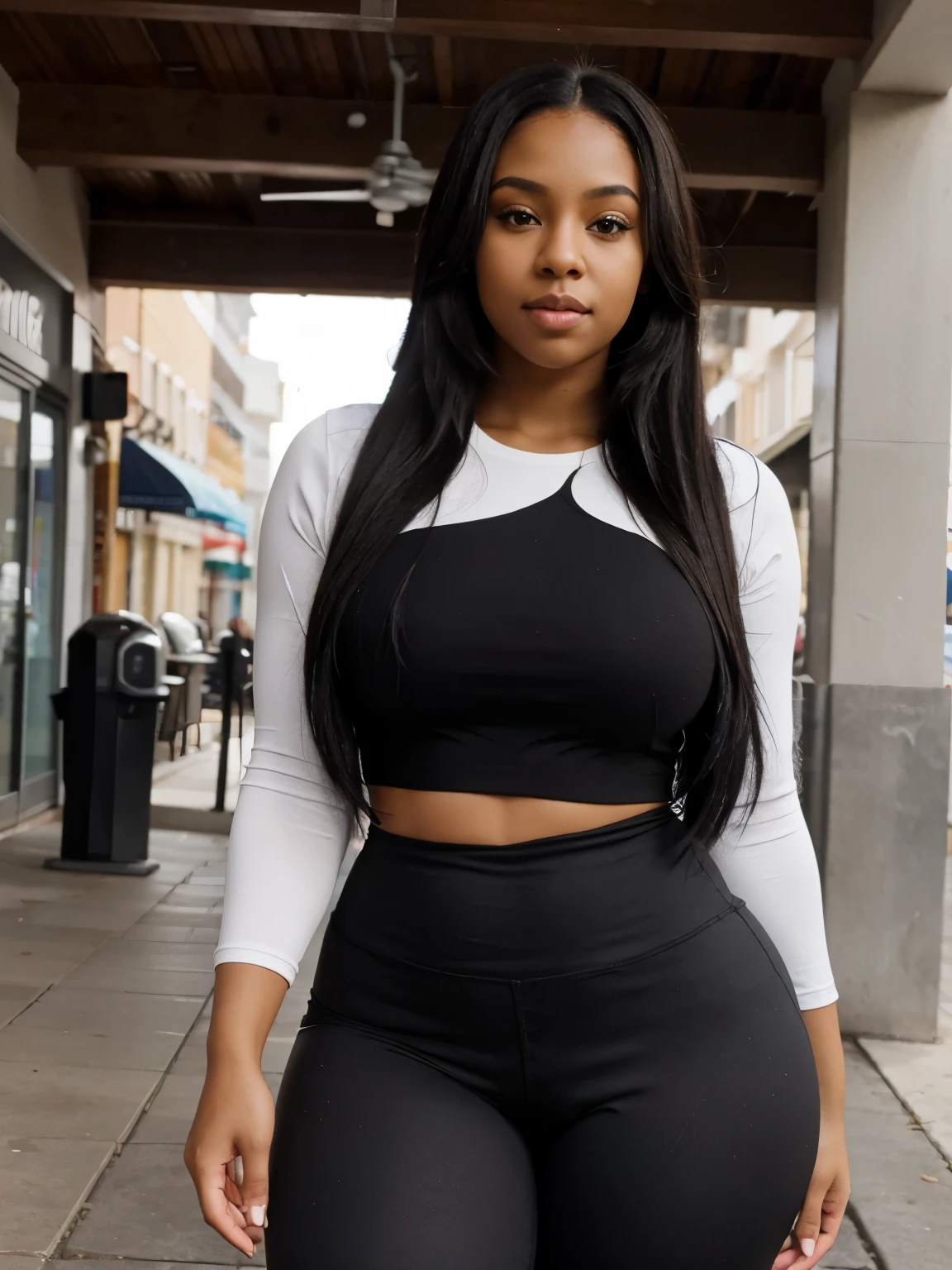 Mixed black ethnicity, curvy girl , wearing leggings and cute top  , long hair , big assa