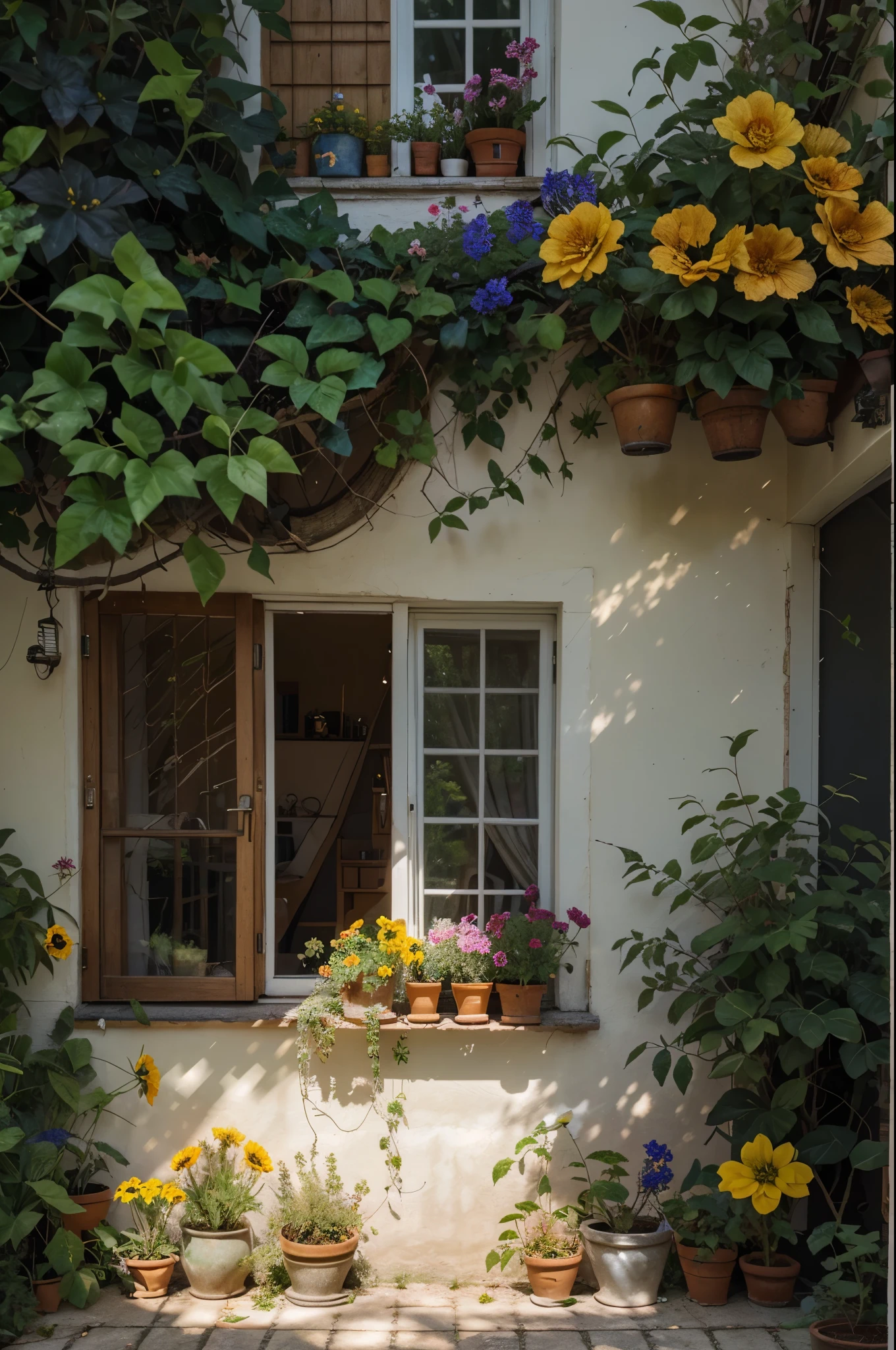 a house with flowers, no humans, window, shadow, plant, scenery, yellow flower, door, potted plant, orange flower, flower pot