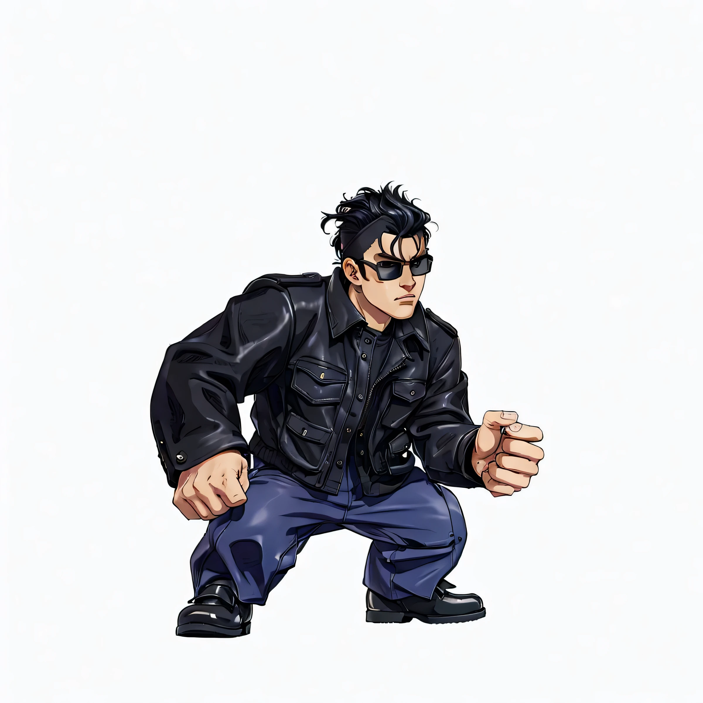 One wearing a standard black suit、Inside is a gray shirt，Black leather shoes man cartoon, gray pants, Mohawk hairstyle and sunglasses, Toriyama Akira style, Otomo Katsuhiro style, character idea !!, Bucky style, character idea , Inspired by Takamoto Iwano, Characters in anime style, Combat stance, Two-dimensional animation style, Heroes 2D fan artartstation, GTA Chinatown art style，Remove irrelevant elements