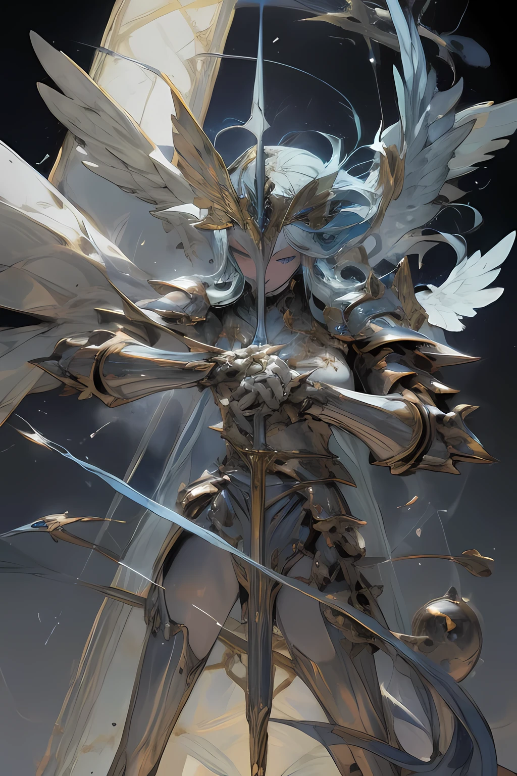 Blue Themed Tarot Card With A Flying Angel, nsfw, silver armour, sphinx in the background, counterspells,