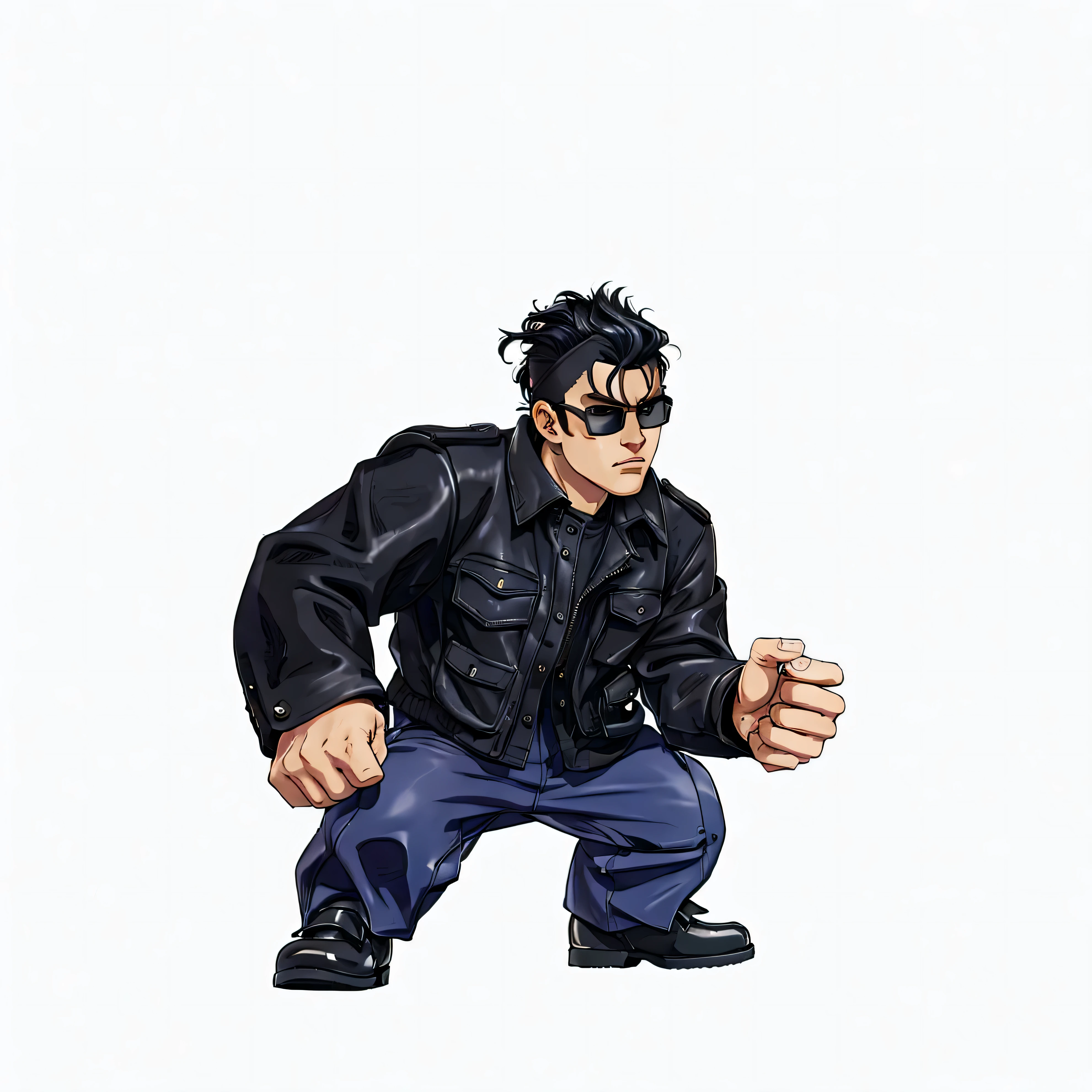 One wearing a standard black suit、Inside is a gray shirt,Cartoon man with black leather shoes, gray pants, Mohawk hairstyle and sunglasses, Toriyama Akira style, Otomo Katsuhiro style, character concept !!, Bucky style, character concept , Inspired by Takamoto Iwano, Characters in anime style, fighting stance, Two-dimensional animation style, Hero 2D fansartartstation, GTA Chinatown art style,Remove irrelevant elements
