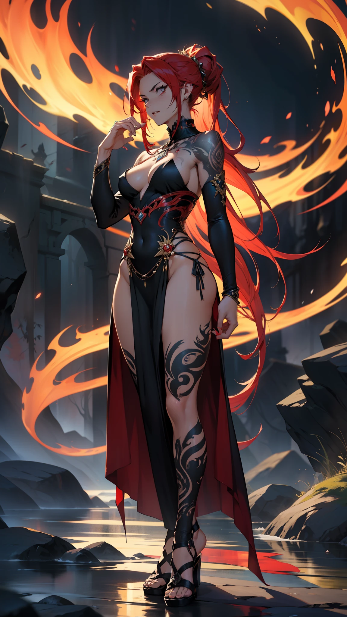 (Best Quality, 4k, 8K, high resolution, Masterpiece: 1.2), A 2D Anime art nude with a skinny yet full body, adorned with intricate big tattoos that flow like sinuous rivers across her skin. Her hair, a vibrant evil red, cascades down her back like a fiery waterfall. She assumes the regal posture of an evil red-haired queen, Jujasu Kaisan, her piercing gaze radiating a dark and malevolent aura. With one hand raised menacingly, her long fingers gleam under the dim, ominous light. The background is a blur of shadows,