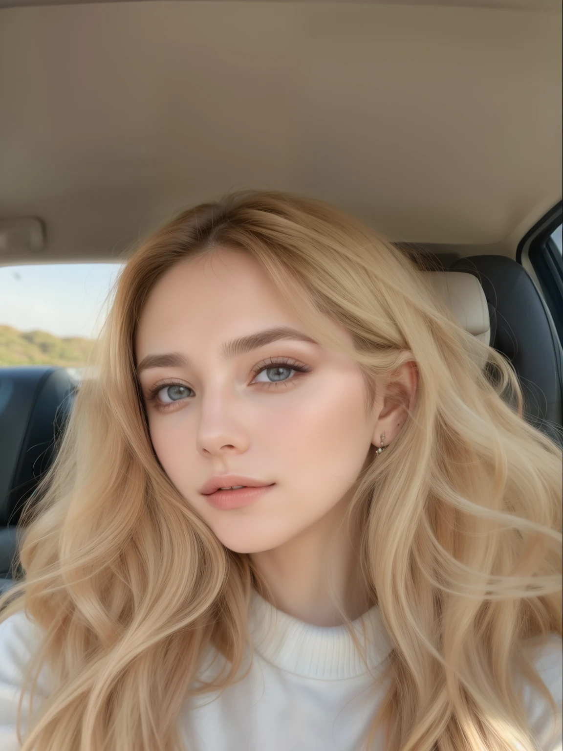 una mujer con cabello largo y rubio y ojos azules en un auto, cabello rubio y ojos grandes, nicole aniston, retrato de nicole aniston, long cabello rubio y ojos grandes, Kailee Mandel, inspired by Károly Lotz, foto de perfil en la cabeza, imagen de perfil, cara sexy con maquillaje completo, pale skin curly blonde hair, belleza asombrosa