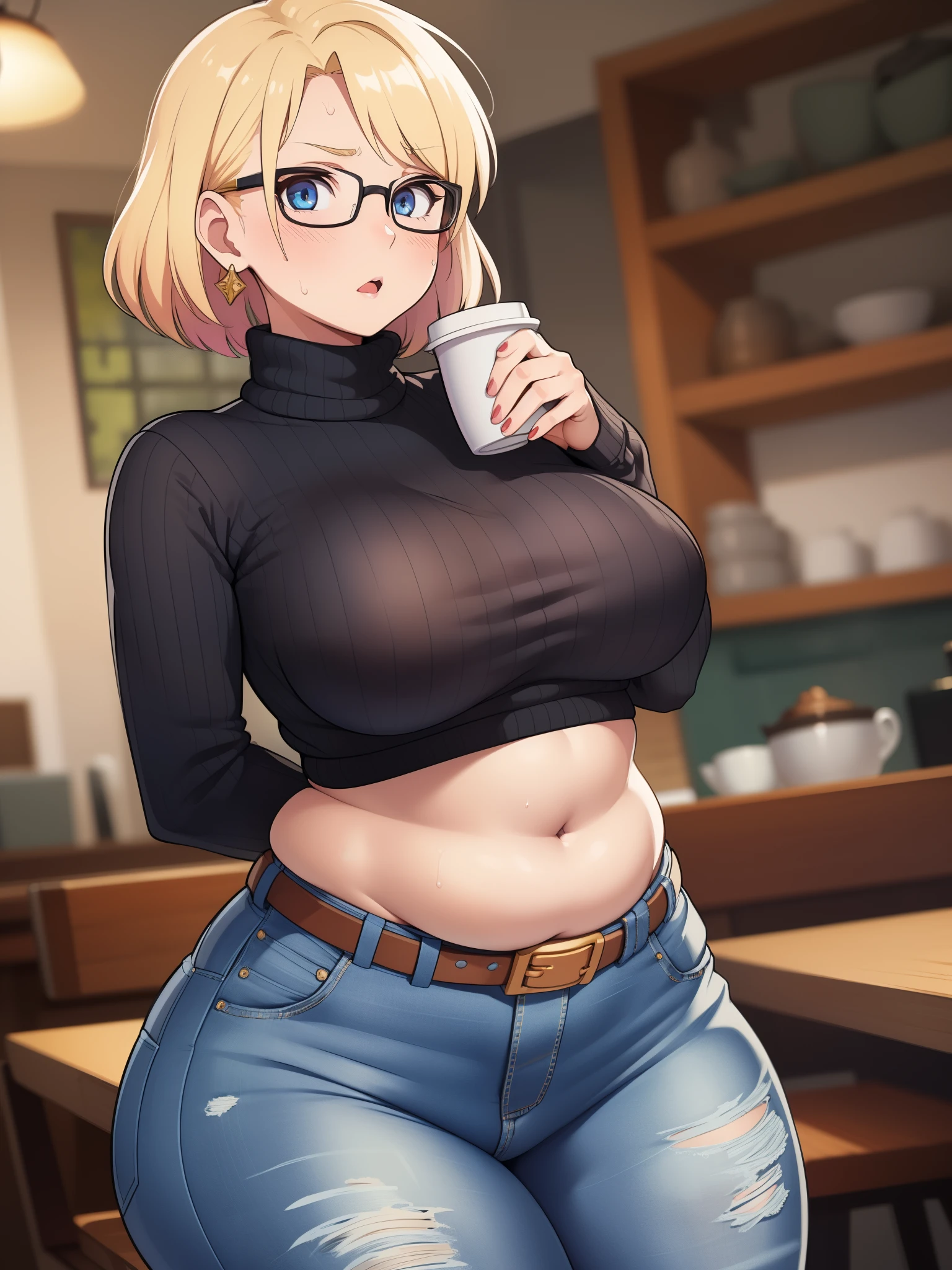 ((Masterpiece)), perfect anatomy, perfect shading, field of depth, (best quality), extremely delicate and beautiful, perfect lighting, detailed face, ultra cute face, cute, (cowboy shot 1.2), turned to the side, (((1girl))), ((solo)), looking at viewer,
short hair, fluffy hair, blonde hair, blue eyes, Glasses, ((Blush)), shy, nervous, sweating, (black turtleneck sweater 1.5), (jeans 1.2), belt, extremely tight clothes, medium breasts, ((wide hips)), ((thick thighs)), ((chubby)), chubby belly
coffee shop, sitting, intricate background, detailed background,