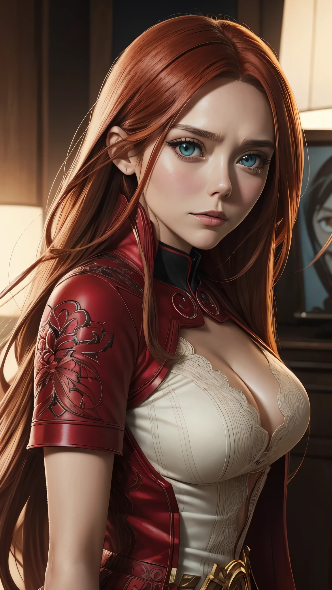 A captivating hyper-realistic 2D illustration of Elizabeth Olsen, portraying her in the style of anime, dressed in nothing but her natural beauty. At the age of 32, her expressive eyes and radiant red hair are the focus, framed against a vibrant 90's backdrop. The drawing showcases intricate details and fine lines, giving an otherworldly feel to the realistic portrayal, perfect for collectors and fans of anime art. An exquisite piece to add to any collection or display, best viewed on artStation, DeviantArt, Dribbble, Redbubble, or Teepublic. Hyper-realistic, anime