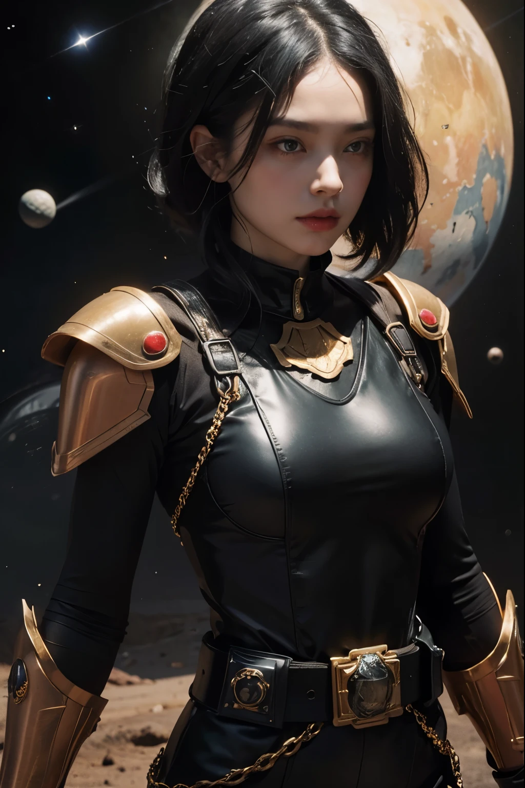 Upper body close-up image.A beautiful woman. 20s. Black hair. She wears a metallic black battle uniform. There is something on his waist that is reminiscent of Kamen Rider's transformation belt. An image of outer space and Mars in the space behind her. A masterpiece.