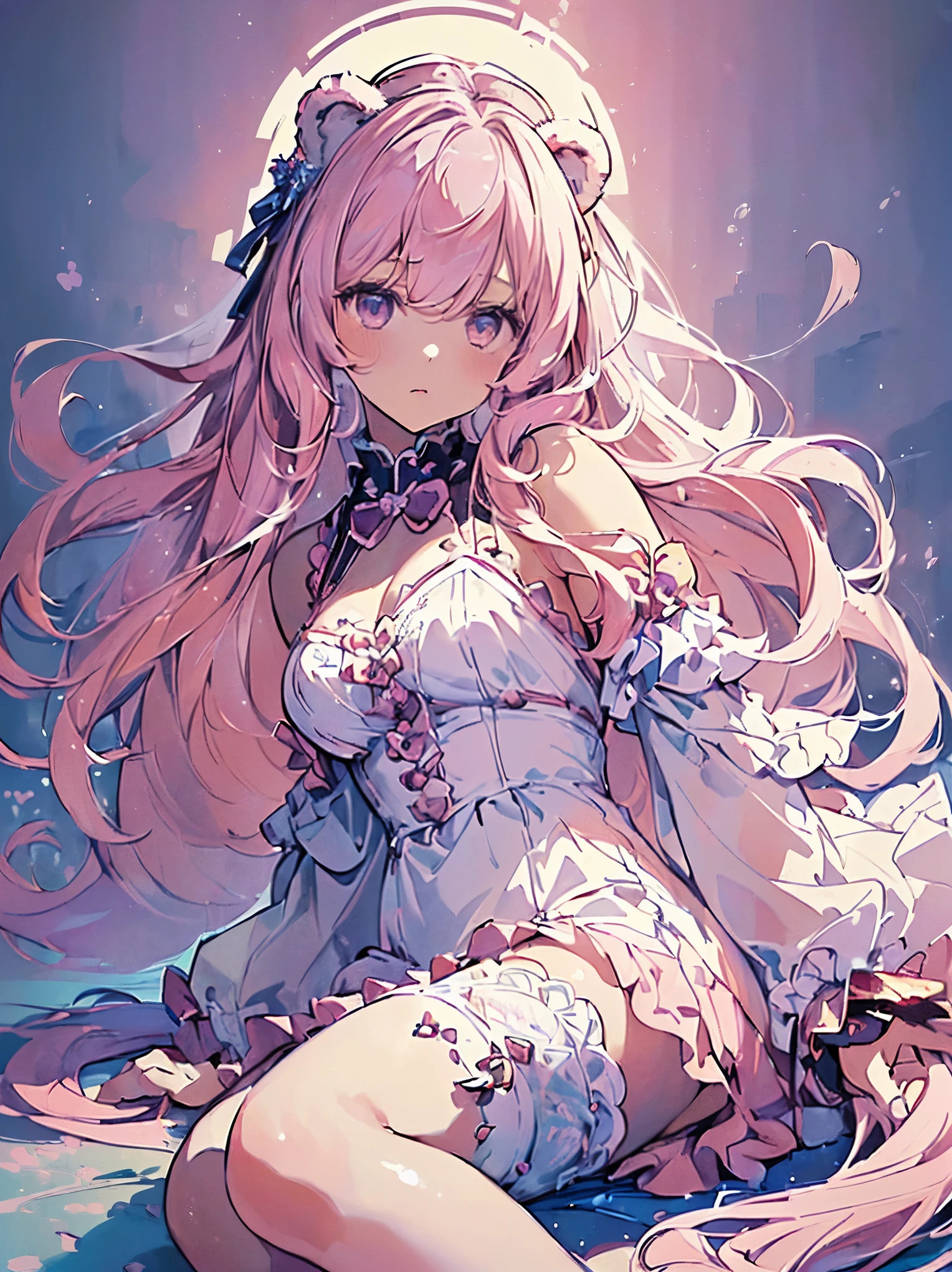 Fantastic background on clouds,with pink hair,Red pupils,Soft and creamy white clothes,There are pink shawls,It has a cute and milky big collar,Cute girl,Two-dimensional style
