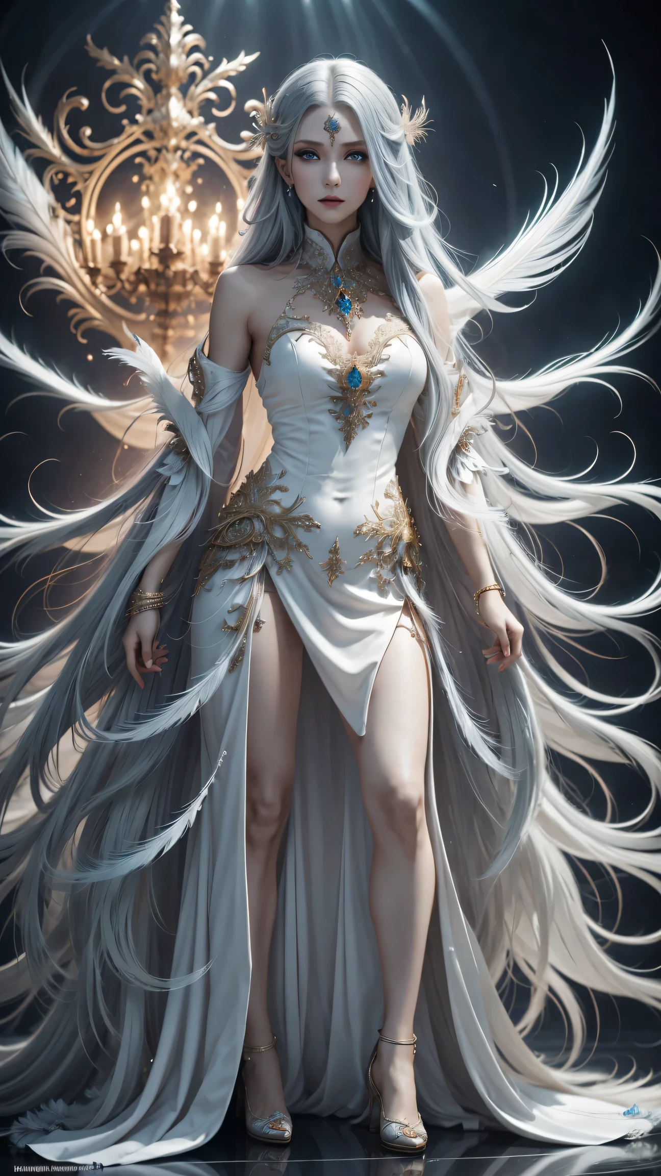 (Dynamic Angle:1.4), ((whole body posture:1.5), (rich and colorful:1.2), (极其细致的CG统一16kwallpaper:1.1), (Noise Removal Strength: 1.45), (masterpiece:1.37), ((official art)), top quality, wallpaper, original, (1 girl:1.35), (alone), full body lesbian, Dynamic, blue eyes, exquisite eyes, Peacock wings, (long hair), color tips, Colored inner hair, jewelry, Complex filigree, Feathers on dresses, Volumetric Lighting, Tyndall effect, Peacock feather, Light環, (masterpiece:1.35) [Peacock feather华丽连衣裙:(Peacock feather):0.85], (illustration), (depth of field), chiaroscuro, Light, Color difference, spark, Light线追踪, mix, super wide angle, F/1.8, Hasselblatt, Sony FE General Manager,