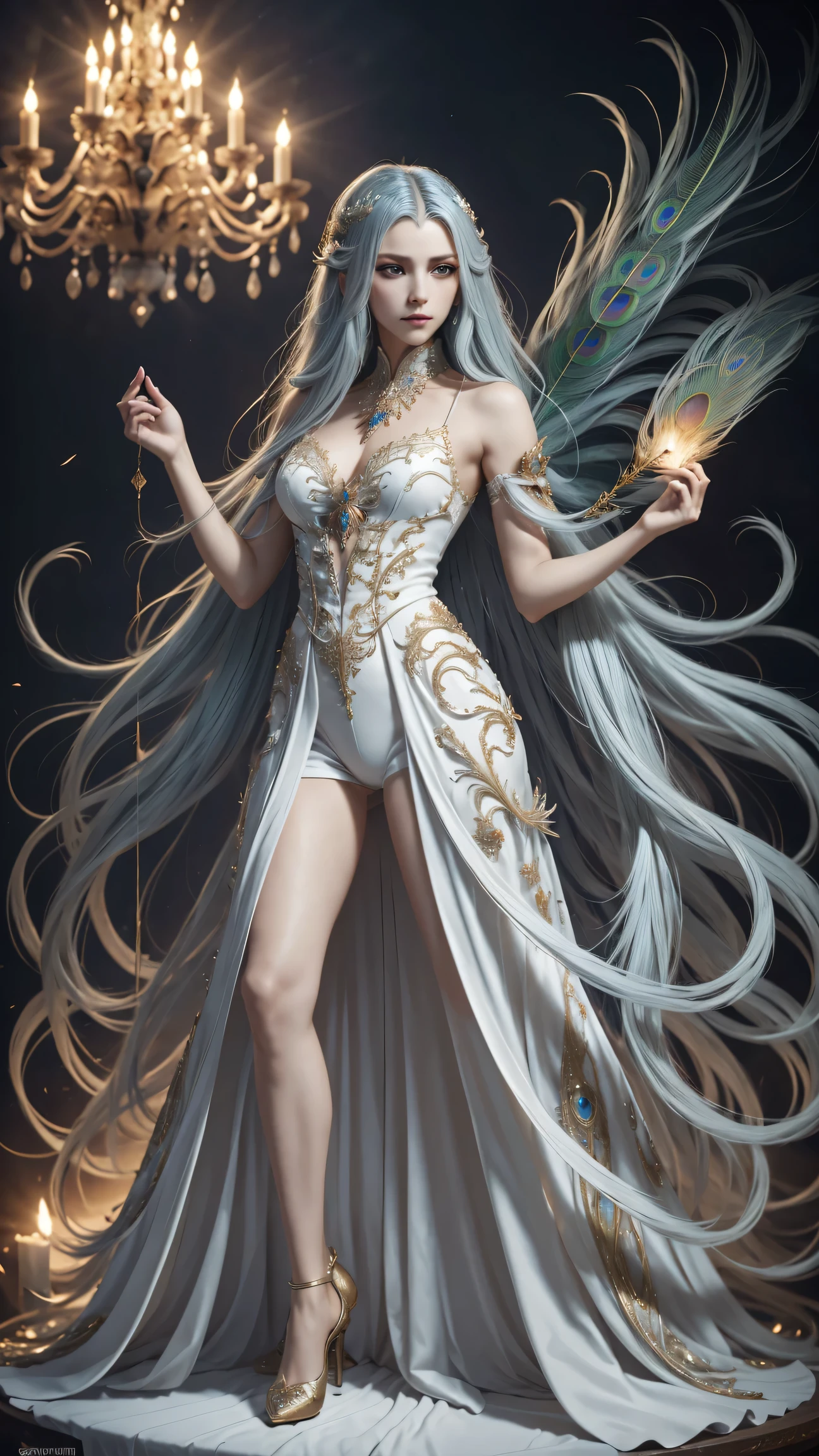 (Dynamic Angle:1.4), ((whole body posture:1.5), (rich and colorful:1.2), (极其细致的CG统一16kwallpaper:1.1), (Noise Removal Strength: 1.45), (masterpiece:1.37), ((official art)), top quality, wallpaper, original, (1 girl:1.35), (alone), full body lesbian, Dynamic, blue eyes, exquisite eyes, Peacock wings, (long hair), color tips, Colored inner hair, jewelry, Complex filigree, Feathers on dresses, Volumetric Lighting, Tyndall effect, Peacock feather, Light環, (masterpiece:1.35) [Peacock feather华丽连衣裙:(Peacock feather):0.85], (illustration), (depth of field), chiaroscuro, Light, Color difference, spark, Light线追踪, mix, super wide angle, F/1.8, Hasselblatt, Sony FE General Manager,
