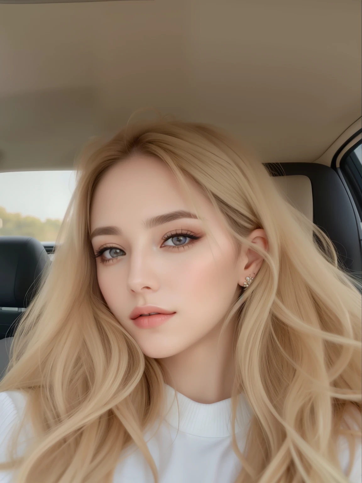 una mujer con cabello largo y rubio y ojos azules en un auto, cabello rubio y ojos grandes, nicole aniston, retrato de nicole aniston, long cabello rubio y ojos grandes, Kailee Mandel, inspired by Károly Lotz, foto de perfil en la cabeza, imagen de perfil, cara sexy con maquillaje completo, pale skin curly blonde hair, belleza asombrosa