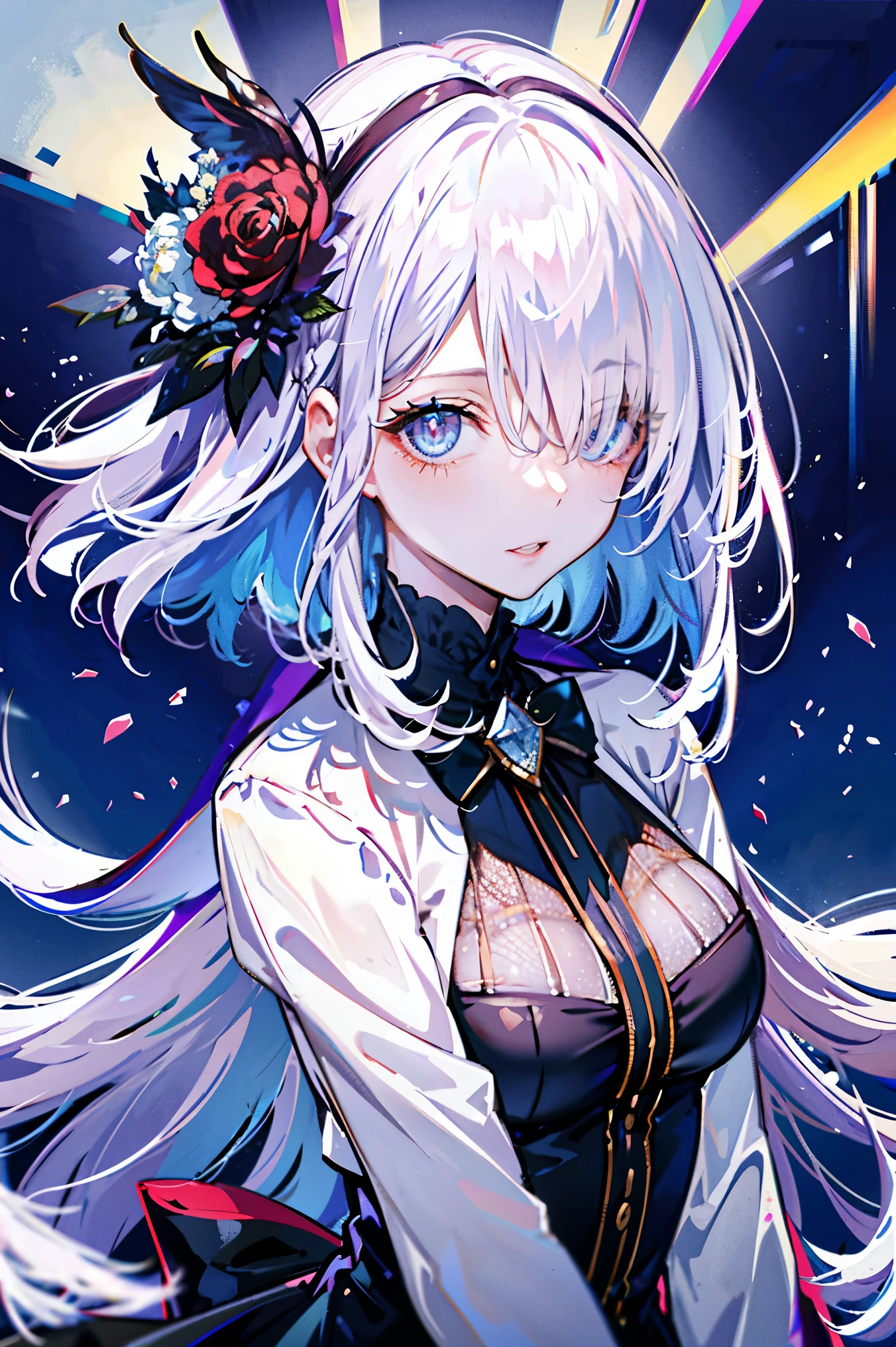 (best quality, Detailed background, high resolution, Ridiculous, bloom, disheveled hair, shiny hair, exposed to light, bright pupils, Focused and meticulous eyes),
1 girl, earpiece, long hair, silver hair, big deal_breast, Put your arms behind your back, daytime, Outdoor activities, Black Forest, water, creek,
hair_decoration, (hair over one eye), Upper body, portrait,