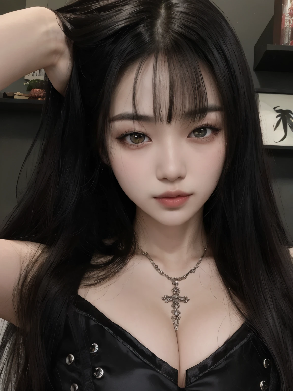 Asian woman with long black hair wearing a black corset, cruel korean gothic girl, ella tiene el pelo negro con flequillo, con pelo largo y ojos penetrantes, muchacha coreana, Lalisa Manobal, ulzzang, diosa japonesa, xisionwu, hermosa mujer surcoreana, kanliu666, asian girl, jaeyeon nam, shikami